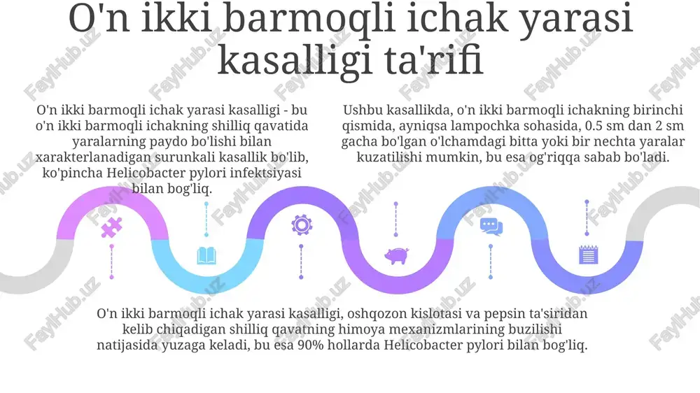 ohida vaqtda. sales 1st qtr 2nd qtr 100 0 sales 1st qtr 2nd qtr 100 0 sales 1st qtr 2nd qtr 100 0 profilaktika choralari o'tkir gastritning oldini olish uchun spirtli ichimliklar, achchiq ovqatlar va 1-3 kun davomida oshqozonni bezovta qiladigan dorilardan voz kechish muhim, shuningdek, ovqatdan zaharlanishning oldini olish kerak. surunkali gastrit va yara kasalliklarining oldini olishda helicobacter pylori infektsiyasini yo'q qilish muhim rol o'ynaydi, bu antibiotiklar bilan 7-14 kunlik davolanishni talab qiladi va relaps ehtimolini kamaytiradi. yara kasalligining oldini olish uchun chekishni tashlash va nosteroid yallig'lanishga qarshi dorilarni (nyaqv) uzoq muddatli qabul qilishdan saqlanish kerak, chunki ular oshqozon-ichak traktining shilliq qavatini shikastlaydi va qon ketish xavfini oshiradi. asoratlar oshqozon yarasi kasalligining keng tarqalgan asorati - bu qon ketishi, taxminan 15-20% hollarda kuzatiladi va melena (qora najas) yoki gematemez (qon qusish) bilan namoyon bo'lishi mumkin. o'n ikki barmoqli ichak yarasining perforatsiyasi, ayniqsa oldingi devorda, 5-10% hollarda ro'y beradi va …