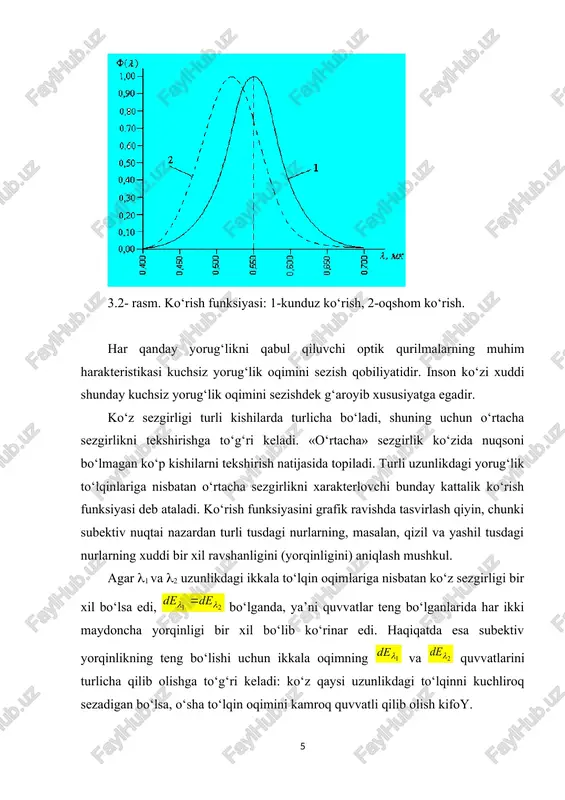 urchak olinib va bu fazoviy burchakka to‘g‘ri kelgan d yorug‘lik oqimi o‘lchanishi kerak: (3.5) yoritilganlik e. yoritilganlik deb, sirt birligiga to‘g‘ri kelgan oqim kattaligiga aytiladi. yuzning yoritilganligi bo‘ladi. (3.2) va (3.3) larni hisobga olsak, (3.6) bo‘ladi. (3.5) dan ko‘rinadiki nuqtaviy manba hosil qilgan yoritilganlik manbadan sirtgacha bo‘lgan masofaning kvadratiga teskari proporsional va yorug‘lik oqimi yo‘nalishi bilan yoritilgan sirtga o‘tkazilgan normal orasidagi burchak kosinusiga to‘g‘ri proporsional bo‘ladi. manbaning b ravshanligi. ba’zi bir manbalarni nuqtaviy manbalar deb bo‘lmaydi. bu manbalarning ko‘pi shuncha kattaki, kuzatish olib borganda oddiy masofalarda ko‘z bilan ularning shaklini payqash mumkin. juda ko‘pchilikni tashkil qilgan bunday manbalarga nisbatan ravshanlik tushunchasi tarixiy ma’noga ega. bu tushuncha ajrata olish qobiliyati chegarasidan tashqarida yotuvchi manbalarga masalan: yulduzlarga nisbatan qo‘llanila olmaydi. sirtning v ravshanligi yorug‘lik chiqaruvchi sirtning berilgan sohasidan chiqqan va berilgan yo‘nalish bo‘yicha nurlanishni xarakterlovchi kattalikdir. yo‘nalishni esa uning yorug‘lik chiqaruvchi sirtga o‘tkazilgan normal bilan tashkil qilgan i burchagi aniqlaydi. sirtning elementiga …