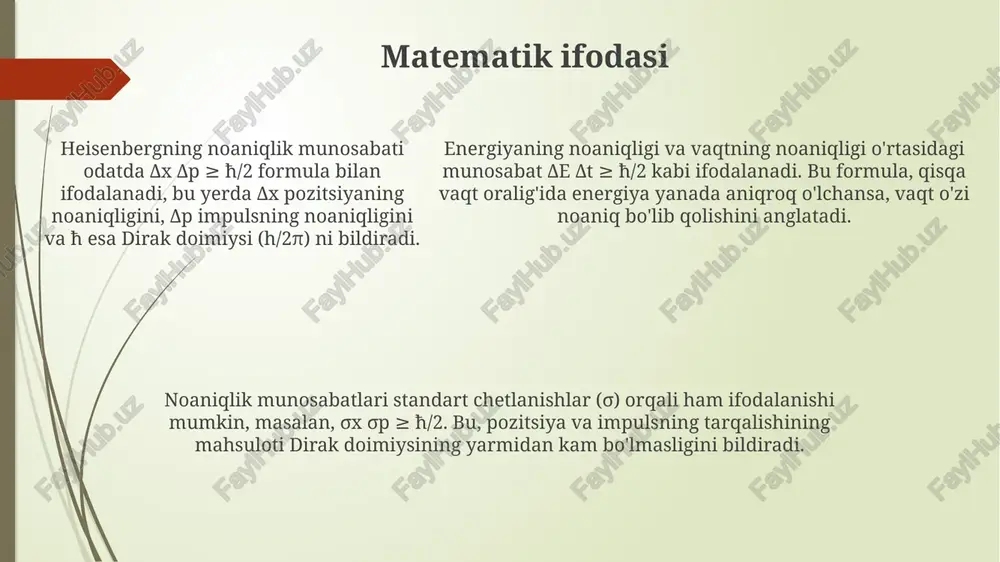 igini oshirishga qaratilgan bo'lib, bu esa vaqt va energiya o'rtasidagi noaniqlik chegaralarini yanada aniqroq o'rganish imkonini beradi. kvant xotirasi va kvant hisoblash sohasidagi ishlanmalar noaniqlik tamoyillari orqali erishilgan chegaralarni yengib o'tishga yordam beradi, 100 kubitdan ortiq tizimlarda tadqiqotlar olib boriladi. kvant xotirasi va kvant hisoblash sohasidagi ishlanmalar noaniqlik tamoyillari orqali erishilgan chegaralarni yengib o'tishga yordam beradi, 100 kubitdan ortiq tizimlarda tadqiqotlar olib boriladi. munozara va savol-javoblar sanoqdagi aniqlik chegaralari muhokama qilinadi, masalan, 100 atom mavjud bo'lganda, joylashuvni aniqlashdagi noaniqlik qanchalik minimal bo'lishi mumkin? munozarada o'lchov noaniqligi va fundamental chegaralar o'rtasidagi farq muhokama qilinadi. 1-tur o'lchash xatoliklari, 2-tur esa kvantning xususiyatidir. noaniqlik prinsipini klassik fizikaga nisbatan qo'llash mumkinmi? shunga o'xshash chegaralar mavjudmi, ularni amalda 0 ga tushirib bo'ladimi? xulosa kelajakdagi tadqiqotlar noaniqlik munosabatlarini chuqurroq o'rganishga qaratiladi. bu esa kvant texnologiyalari, masalan, kvant hisoblash va kriptografiya uchun yangi imkoniyatlar yaratadi. geyzenberg noaniqlik munosabatlari kvant mexanikasining asosiy tamoyilidir. u pozitsiya va impulsni bir …