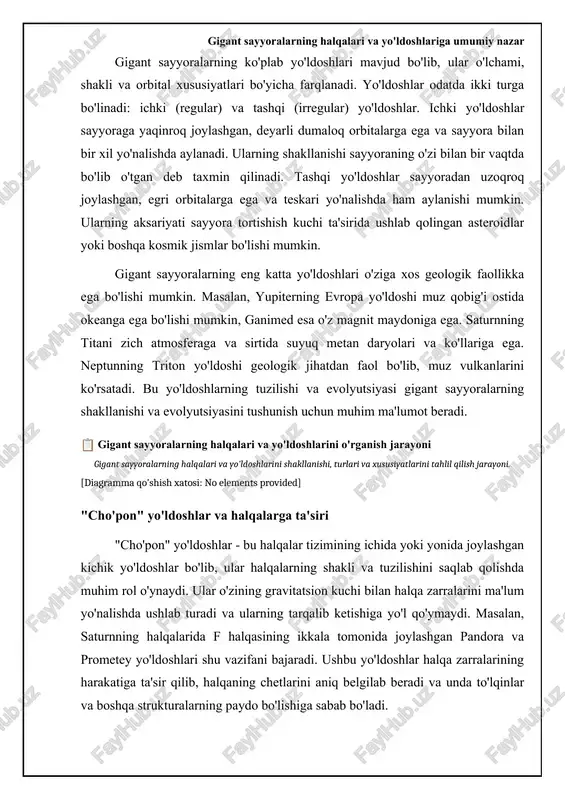 umkin, natijada halqalarda bo'shliqlar yoki zichlashmalar hosil bo'ladi. kassini bo'shlig'i, yuqorida aytib o'tilganidek, mimant yo'ldoshining rezonansi natijasida yuzaga kelgan. shuningdek, rezonanslar halqalarda to'lqinlar va boshqa murakkab strukturalarning paydo bo'lishiga sabab bo'lishi mumkin. rezonanslar halqalar va yo'ldoshlar o'rtasidagi dinamik bog'liqlikni ko'rsatadi va ularning birgalikdagi evolyutsiyasini tushunishga yordam beradi. 📊 gigant sayyoralarning halqalari va yo'ldoshlari rezonanslari ushbu jadval gigant sayyoralarning halqalari va yo'ldoshlari o'rtasidagi rezonans aloqalarini, ular ta'sirini va misollarini taqqoslaydi. rezonans turi ta'siri misollar orbital rezonans yo'ldoshlar orbitalarining barqarorligi yoki beqarorligiga olib keladi. halqalarda bo'shliqlar va zichlashuvlarni yaratishi mumkin. saturnning yo'ldoshlari (mimas va enceladus) o'rtasidagi rezonanslar; kassini bo'shlig'i (saturn halqasi) mimas bilan rezonans natijasida hosil bo'lgan. to'lqinli rezonans yo'ldoshlarning tortishish kuchlari halqalarda spiral to'lqinlarni hosil qiladi, bu esa halqaning strukturaviy xususiyatlarini o'zgartiradi. saturnning f halqasidagi to'lqinlar pandora va prometheus yo'ldoshlari tomonidan hosil qilinadi. materiallar to'qnashuvi rezonansi halqaning materiallari o'zaro to'qnashganda rezonanslar hosil bo'ladi, bu esa halqa zarralarining taqsimlanishiga ta'sir qiladi. yupiter …