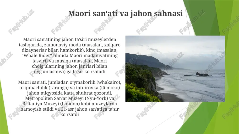likka asoslangan qabila tuzilmalari (iwi, hapū); resurslarni boshqarish (moa ovlash, dehqonchilik – kumara, taro); ohaeavai va vayrau bar kabi joylardagi dastlabki pā (mustahkamlangan qishloqlar). e'tiboringiz uchun rahmat @taqdimot_robot image1.jpg image2.jpg image3.jpg image4.jpg image5.jpg image6.jpg image7.jpg image8.jpg image9.jpg image10.jpg image11.jpg image12.jpg image13.jpg image14.jpg image15.jpg image16.jpg image17.jpg