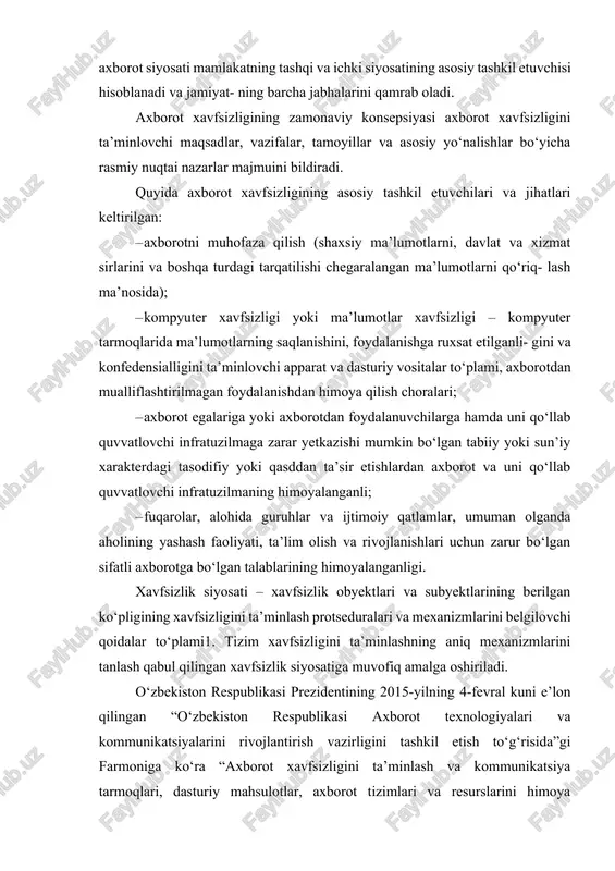 . – axborotning butunligi – axborotda hech qanday o‘zgartirishlar bo‘lmagan yoki o‘zgartirishlar faqat alohida huquqqa ega bo‘lgan subyektlar tomonidan amalga oshiriladigan axborotning holati. – axborotning ruxsat etilganligi – axborotga ruxsat etilgan subyektlarning, uni amalga oshirishga to‘siqlar mavjud bo‘lmagan holati. ruxsat etilganlik huquqiga axborotni yoki uning resurslarini o‘qish uchun, o‘zgartirish, nusxa olish, axborotni yo‘q qilish huquqlari kiradi. axborotni muhofaza qilish – bu axborot himoya tizimini yaratish bilan bog‘liq jarayon. axborot himoya tizimi hech qachon yuz foizlik himoyani ta’minlay olmasligini anglash muhimdir. bu esa axborotni mumkin bo‘lgan darajadagi o‘zgartirish, o‘g‘irlash yoki yo‘q qilish tavak- kalchiligiga asoslangan axborot xavfsizligi haqida fikr yuritishni taqozo etadi. amalga oshirilish usullariga ko‘ra barcha axborot himoyasi chora- larini quyidagi turlarga ajratish mumkin: – huquqiy; – ma’naviy-etik; – texnologik; – tashkiliy; – fizik; – texnik (qurilmaviy va dasturiy). yuqorida qayd etilganlar himoya turlari orasida asosiylari huquqiy, tashkiliy va texnik himoya hisoblanadi. huquqiy himoya – axborotni himoyalash bo‘yicha subyektlarning munosabatlarini …