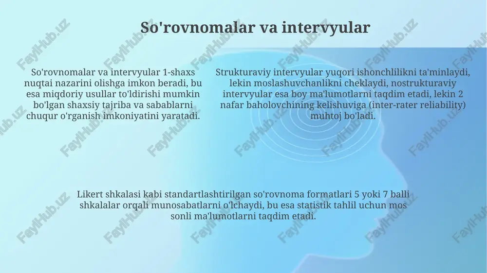 usullar kontekstida psixologik jarayonlarning tez o'zgaruvchan xususiyatini o'rganish uchun juda muhimdir. aralash usullar kognitiv funktsiyalarning neyron korrelyatlarini o'rganishda foydali bo'lishi mumkin, bunda neyroimaging ma'lumotlari shaxsiy tajribalar va xatti-harakatlar haqidagi ma'lumotlar bilan 360 gradusga o'raladi. zamonaviy tendensiyalar va kelajak yo'nalishlari katta ma'lumotlar va mashinaviy o'rganish psixologik tadqiqotlarga integratsiyalashuvda katta rol o'ynamoqda, 7/24 rejimida juda katta hajmdagi ma'lumotlarni tahlil qilish imkoniyatini beradi. neyroimaging texnologiyalarining (fmri, eeg) rivojlanishi miya faoliyatini o'rganishda yangi imkoniyatlarni yaratmoqda, bu esa kognitiv jarayonlarni 3d formatda tushunishimizga yordam beradi. neyroimaging texnologiyalarining (fmri, eeg) rivojlanishi miya faoliyatini o'rganishda yangi imkoniyatlarni yaratmoqda, bu esa kognitiv jarayonlarni 3d formatda tushunishimizga yordam beradi. e'tiboringiz uchun rahmat image2.png image1.png