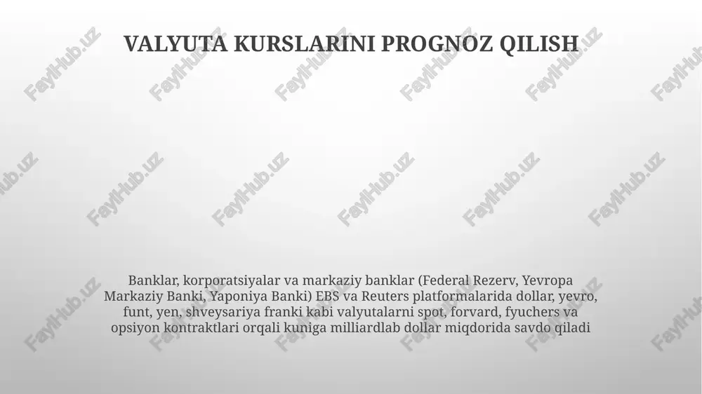 ilib, rentabellikka ta'sir qiladi bozor ishtirokchilari opsion shartnomalari 3 oylik eur/usd opsiyonlari, 1.10 narx, chikago mol-mulk birjasi (cme)da 10,000 kontrakt savdo qilindi, delta 0.5, taxminiy o'zgaruvchanlik 15%, premiyasi kontrakt uchun $250. valyuta opsiyonlari va valyuta bozori o'zaro ta'siri: xedjirlash (masalan, aqsh eksportchisi yevro qadrsizlanishidan himoyalanish uchun eur/usd koll opsiyonlarini sotib oladi), spekülasyon (masalan, kelajakdagi valyuta harakatlariga tikish) va arbitraj (masalan, cme va london kabi turli bozorlardagi narx farqlaridan foydalanish) uchun ishlatiladi valyuta bozori operatsiyalari: kunlik usd/jpy savdo hajmi 150 milliard dollardan oshadi, asosan london, nyu-york va tokiodagi elektron aloqa tarmoqlari (eat) orqali. spot, forvard va swap operatsiyalari ustunlik qiladi. markaziy banklar kam aralashadi, lekin kurslarga sezilarli ta'sir ko'rsatishi mumkin e'tiboringiz uchun rahmat @taqdimot_robot image1.png image2.png image3.png