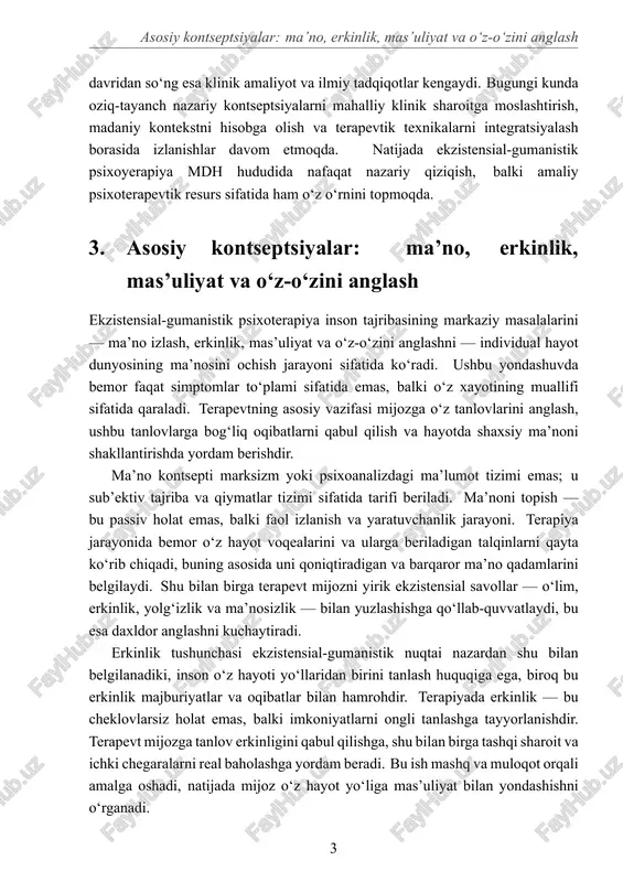 shga yo‘naltiradi; bu mas’uliyat hissini mustahkamlashga yordam beradi. o‘z-o‘zini anglash — mazkur kontseptsiyalarning birlashtiruvchi qismi. bu ichki tajriba va tashqi harakatlar orasidagi uzviy munosabatni aniqlashdir. o‘z-o‘zini anglash orqali bemor o‘z qadriyatlari, istaklari va chegaralarini aniqlaydi; shuningdek, u o‘zining haqiqiy istaklari bilan ijtimoiy kutishlar o‘rtasidagi farqni ko‘radi. terapiya bu jarayonni xavfsiz maydonda tezlashtiradi: mijoz o‘z fikr va his-tuyg‘ularini ifoda etadi, ularni tahlil qiladi va yangi, moslashuvchan xulq-atvor strategiyalarini sinab ko‘radi. xulosa qilib aytganda, ekzistensial-gumanistik psixoterapiya ma’no, erkinlik, mas’uliyat va o‘z-o‘zini anglashni bir-biri bilan bog‘liq, o‘sishga yo‘naltiruvchi jarayonlar sifatida ko‘radi. terapevt va mijoz o‘rtasidagi hamkorlik orqali bu kontseptsiyalar hayotga tatbiq etiladi: bemor o‘z tanlovlarini anglab, mas’uliyatni qabul qilib, yangi ma’no tuyg‘usini yaratishga intiladi. natijada psixoterapiya faqat simptomlarni yengillashtirish emas, balki shaxsning ichki resurslarini faollashtirish va hayotiga chuqurroq ma’no berishga qaratilgan transformatsion jarayon bo‘ladi. 4. terapevtik yondashuvlar va texnikalar: inson markazli va ekzistensial metodlar ekzistensial-gumanistik psixoterapiya insonning hayotiy tajribasini, ma’no izlash jarayonini va …