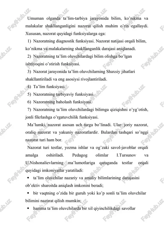 llari har xil qo’yiladi: marketing-moliya; menejment; soliqlar kabi integrativ bilimlar va h.k. 2). me’yoriy test tuzishning umumiy yo’nalishi bo’yicha maqsadli yoki kriterial (mezonli) xarakterdagi testlarda yig’ilgan ballar hisob natijalariga ko’ra bir guruhni boshqa guruh bilan, guruh ichidagilarni esa bir-biri bilan solishtirish mumkin. berilgan testdan o’tgan shaxslarning o’rtacha ko’rsatkichi me’yor hisoblanadi. solishtirish natijasida mazkur shaxsning o’rtacha ko’rsatkichidan yuqori yoki past bilim darajasiga ega ekanligi aniqlanadi. mezonli testlarda esa, har bir ta’lim oluvchining qandaydir o’quv yoki mutaxassislikka oid topshiriqlarini yechish uchun zarur bo’ladigan bilim va o’zlashtirish qobiliyatlari ochib beriladi, ya’ni mezonli testlar va unga mos topshiriqlar ta’lim oluvchilarning bilim va ko’nikmalari aniq fan sohalari bo’yicha o’qitish maqsadining minimal talablariga qay darajada erishgani yoki erishmaganligi haqidagi savollarga javob beradi. me’yoriy testlarda, asosan topshiriqni “yechdi” yoki “yechmadi” deb belgilansa, mezonli testlarda esa topshiriqni qaysidir yo’l bilan yechgan ta’lim oluvchilarni murakkab ishlarga qo’yish mumkinligi, ularning murakkab dasturlar bo’yicha ishni davom ettira olishligi hisobga olinishi kerak. …