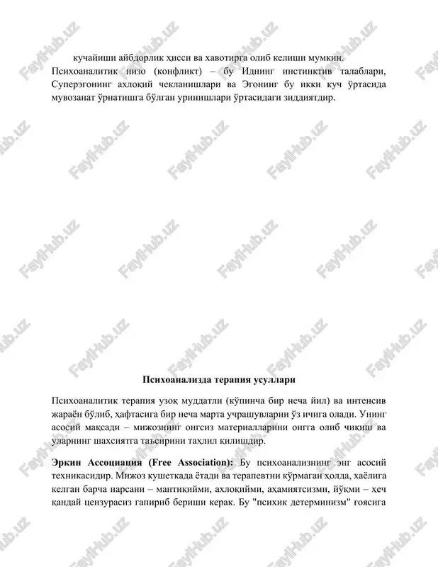 ita natijasidir. mijoz o'zining qanday harakat qilayotganini, his qilayotganini va fikrlayotganini tushunsa, u o'z-o'zidan o'zgarishga qodir bo'ladi. yaxlitlik (holism): geshtalt terapiya insonni alohida qismlarga (id, ego kabi) ajratmaydi. inson – bu fikr, hissiyot, tana va ruhning yaxlit (tselostniy) birligidir. terapiyada shuning uchun mijozning gapirgan so'zlari bilan uning tana tili, nafas olishi yoki ko'z qarashlari o'rtasidagi nomuvofiqliklarga katta e'tibor beriladi. kontakt va kontakt chegaralari: kontakt – bu insonning tashqi dunyo (boshqa odamlar, tabiat, narsalar) yoki o'zining ichki dunyosi (hislari, ehtiyojlari) bilan o'zaro aloqasidir. psixologik sog'lomlik – bu samarali va moslashuvchan kontakt o'rnatish va uni yakunlash qobiliyatidir. muammolar esa kontakt chegaralaridagi buzilishlar natijasida yuzaga keladi (masalan, introektsiya, proektsiya, retrofleksiya, konflyuentsiya). · introektsiya (introjection): boshqalarning qoida va g'oyalarini "chaynovsiz" yutish (o'zlashtirish). · proektsiya (projection): o'z ichki xislatlarini (masalan, yomon hislarni) boshqa odamlarga tashlash. tugallanmagan geshtalt (unfinished business): bu o'tmishda to'liq his qilinmagan, ifodalanmagan yoki hal etilmagan his-tuyg'ular va ehtiyojlardir (masalan, g'azab, alam, qayg'u). …