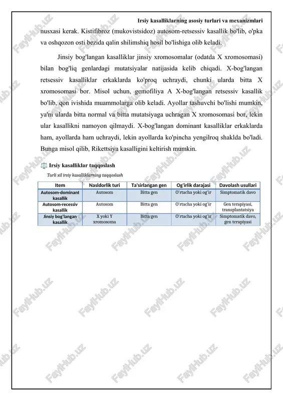 enlarni tuzatish yoki zararli mutatsiyalarni o'chirish imkonini beradi. ushbu texnologiya beta-talassemiya, o'roqsimon hujayrali anemiya va duchenne mushak distrofiyasi kabi kasalliklarni davolash uchun katta umid baxsh etmoqda. ilk klinik sinovlar allaqachon o'tkazilmoqda va ba'zi bemorlarda ijobiy natijalar kuzatilmoqda. biroq, genomni tahrirlashning uzoq muddatli ta'sirlari va nojo'ya ta'sirlari hali to'liq o'rganilmagan, shuning uchun tadqiqotlar davom ettirilishi zarur. crispr-cas9 dan tashqari, zinc barmoq nukleazalar (zfns) va transcription activator-like effector nucleases (talens) kabi boshqa genom tahrirlash texnologiyalari ham mavjud. ular crispr-cas9 ga nisbatan kamroq qo'llaniladi, lekin o'z afzalliklariga ega. masalan, zfns va talens crispr-cas9 ga qaraganda aniqroq bo'lishi mumkin, lekin ularni yaratish qimmatroq va murakkabroq. kelajakda genomni tahrirlash texnologiyalarining kombinatsiyasi irsiy kasalliklarni davolashda yanada samaraliroq bo'lishi mumkin. shuningdek, off-target effekti kabi muammolarni bartaraf etish uchun yangi, aniqroq genom tahrirlash usullarini ishlab chiqish ustida ish olib borilmoqda. irsiy kasalliklarni tadqiq qilishdagi zamonaviy yutuqlar va kelajak istiqbollari xulosa shunday qilib, irsiy kasalliklar bizning genetik merosimizdagi xatoliklar …