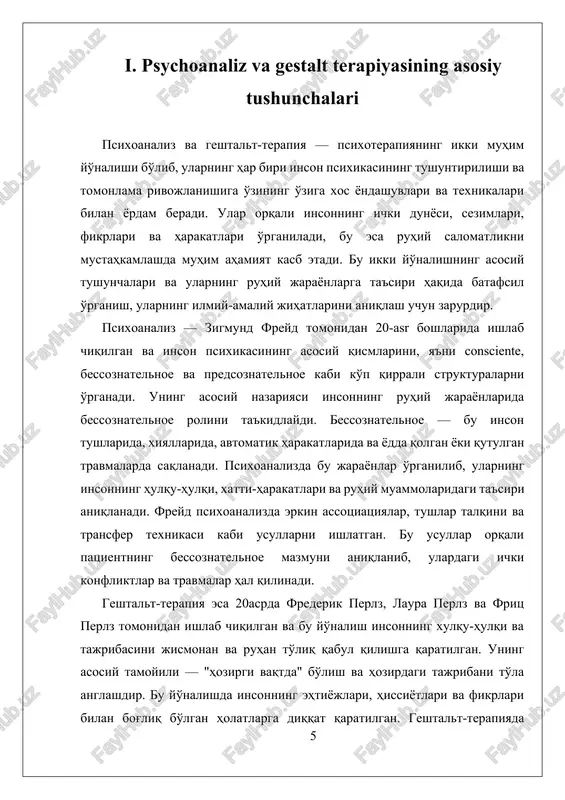 shuvda terapevt uzoq muddatli ishlashni va individual tafakkur bilan chuqur tahlil qilishni talab qiladi. bu nazariyaga asoslangan metodlar, masalan, erkin assotsiatsiyalar, tushlar tafsiri va transferentsiya bilan ishlash, inson psixikasining ichki dunyosini ochishga yordam beradi. biroq, bu yondashuvning amaliy jihatlari, ayniqsa, uzoq davom etadigan jarayon va klientning psixologik holatining murakkabligi bilan bog‘liq muammolarni keltirib chiqarishi mumkin. geshtralt-terapiya esa, aksincha, hozirgi vaqtda va sezgirlikka katta ahamiyat beradi. bu yondashuvda asosiy maqsad, klientning o‘z his-tuyg‘ulari, fikrlari va harakatlarining to‘liq va ongli ravishda anglashiga erishishdir. geshtralt-terapiyada kontakt va tajriba muhim rol o‘ynaydi, va bu jarayon ko‘pincha kundalik hayotdagi voqealar va hissiyotlar bilan to‘g‘ridan-to‘g‘ri ishlash orqali amalga oshiriladi. bu usul, odatda, qisqa muddatli va dinamik bo‘lib, individning o‘z-o‘zini anglashini kuchaytirishga qaratilgan. odatda, psixoanaliz va geshtralt-terapiya o‘zaro muvozanatda bo‘lishi mumkin, chunki ular inson psixikasining har xil qatlamlarini o‘rganadi. psixoanalizning chuqur va uzoq davom etadigan tahlili, insonning ichki dunyosini tushunishga yordam berishi bilan birga, shaxsiy rivojlanish uchun …
