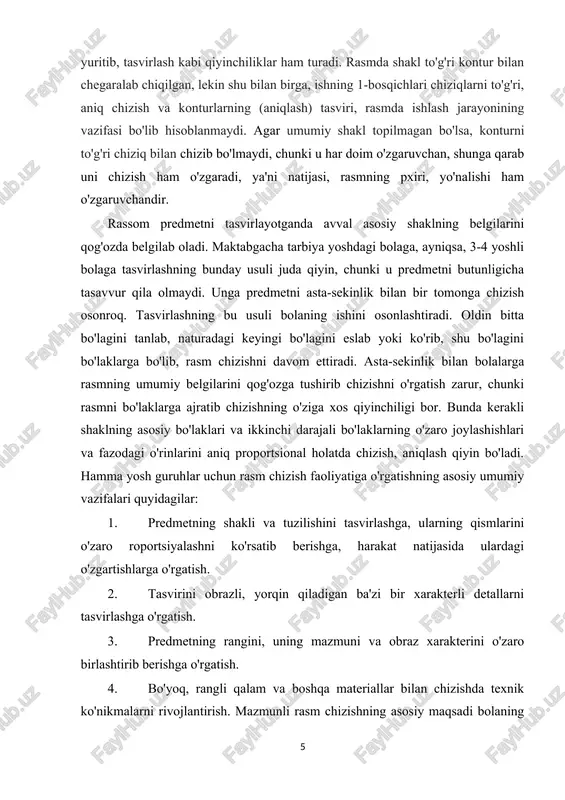 anadi. bu jarayon asta-sekinlik bilan ro'y beradi, shuning uchun mazmunli rasm chizish o'rta guruhdan boshlab kiritilgan. bunda ham yonma-yon turgan 2-3 ta predmetning tasviri o'rgatiladi. mazmunli tasvirda predmetlarning bir-biridan ajratish uchun uning o'lchamini, fazodagi o'rinlariga qarab, predmetlarning katta yoki kichikligini o'rgatish kerak. maktabgacha yoshdagi bola uchun predmetlar orasidagi fazoviy munosabatlarni farqlay olish juda qiyin. mazmunli rasm chizishni, bog'chada o'rgatishning umumiy vazifalari quyidagjjar: mavzuning mazmunini ifodalashga uning asosini ajratishga o'rgatish. obyektlar orasidagi o'zaro aloqani tasvirlashga o'rgatish. obyektlar orasidagi proportsional joylashuvni tasvirlashga va ularning fazodagi o'rinlarini ko'rsatishga o'rgatish. dekorativ rasm chizish. dekorativ rasm chizish tasviriy faoliyatning boshqa turlari kabi bolada estetik tuyg'uni rivojlantiradi. bolalarni xalq amaliy san'ati namunalari bilan tanishtirishda tarbiyachi ularda vatanparvarlik ruhini shu san'at asarlarini yaratayotgan odamlarning mehnatiga hurmat kabi tuyg'ularni tarbiyalash kerak. dekorativ rasm chizish quyidagi umumiy vazifalarni o'z ichiga oladi. bolalarda naqshning turlicha shakllari bilan bog'liq holda kompozitsion hisni shakllantirish. xalq amaliy san'atining turlarini, usullarini farqlashga va ularning …