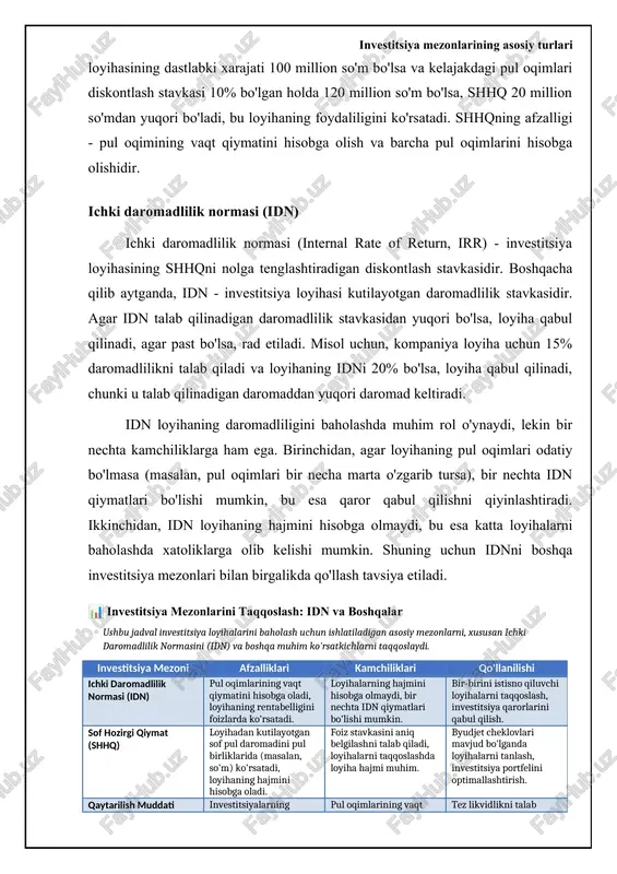ng dastlabki investitsiyaga yoki o'rtacha investitsiya qiymatiga nisbatidir. arr pul oqimini emas, balki buxgalteriya foydasini hisobga oladi. agar arr belgilangan minimal daromadlilik stavkasidan yuqori bo'lsa, loyiha qabul qilinadi. misol uchun, agar investitsiya loyihasining o'rtacha yillik foydasi 20 million so'm va dastlabki investitsiya 100 million so'm bo'lsa, arr 20% ga teng bo'ladi. arr oddiy va oson hisoblanadi, lekin bir nechta kamchiliklarga ega. birinchidan, arr pul oqimining vaqt qiymatini hisobga olmaydi. ikkinchidan, arr buxgalteriya foydasiga asoslanganligi sababli, buxgalteriya hisobi usullaridan (masalan, amortizatsiya usuli) ta'sirlanishi mumkin. uchinchidan, arr loyihaning riskini hisobga olmaydi. shuning uchun arr investitsiya qarorlarini qabul qilishda yagona mezon sifatida ishlatilmasligi kerak, balki boshqa investitsiya mezonlari bilan birgalikda qo'llanilishi kerak. arr ko'pincha dastlabki baholash uchun foydalaniladi. investitsiya mezonlarining asosiy turlari xavfni aniqlash va baholash usullari investitsiya loyihalarida xavfni baholashning birinchi bosqichi xavflarni aniqlashdan iborat. bu jarayon turli usullar orqali amalga oshirilishi mumkin, jumladan tarixiy ma'lumotlarni tahlil qilish, ekspertlar fikrini so'rash (delphi …