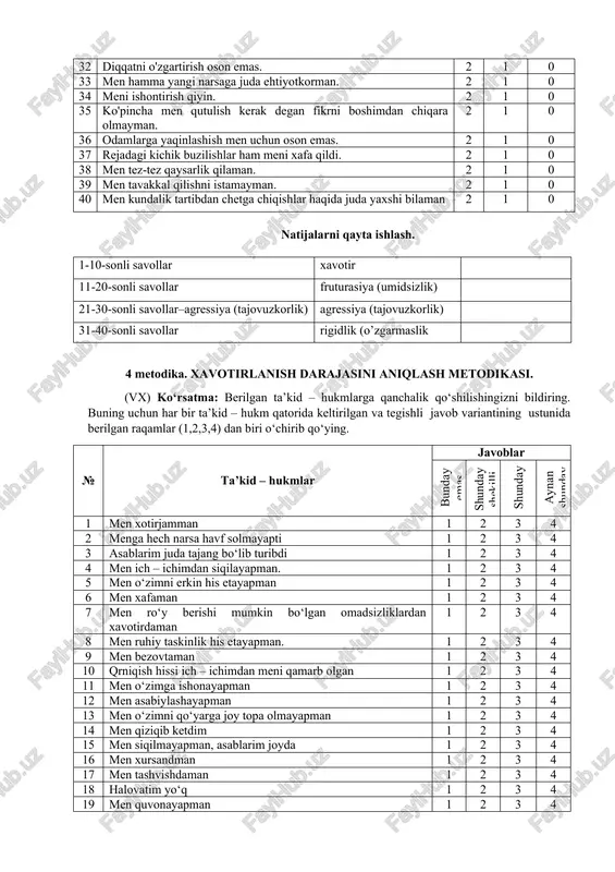 tegishli javob variantining ustunida berilgan raqamlar (1,2,3,4) dan biri o‘chirib qo‘ying. № ta’kid – hukmlar javoblar bunday emas shunday shekilli shunday aynan shunday 1 men xotirjamman 1 2 3 4 2 menga hech narsa havf solmayapti 1 2 3 4 3 asablarim juda tajang bo‘lib turibdi 1 2 3 4 4 men ich – ichimdan siqilayapman. 1 2 3 4 5 men o‘zimni erkin his etayapman 1 2 3 4 6 men xafaman 1 2 3 4 7 men ro‘y berishi mumkin bo‘lgan omadsizliklardan xavotirdaman 1 2 3 4 8 men ruhiy taskinlik his etayapman. 1 2 3 4 9 men bezovtaman 1 2 3 4 10 qrniqish hissi ich – ichimdan meni qamarb olgan 1 2 3 4 11 men o‘zimga ishonayapman 1 2 3 4 12 men asabiylashayapman 1 2 3 4 13 men o‘zimni qo‘yarga joy topa olmayapman 1 2 3 4 14 men qiziqib ketdim 1 …
