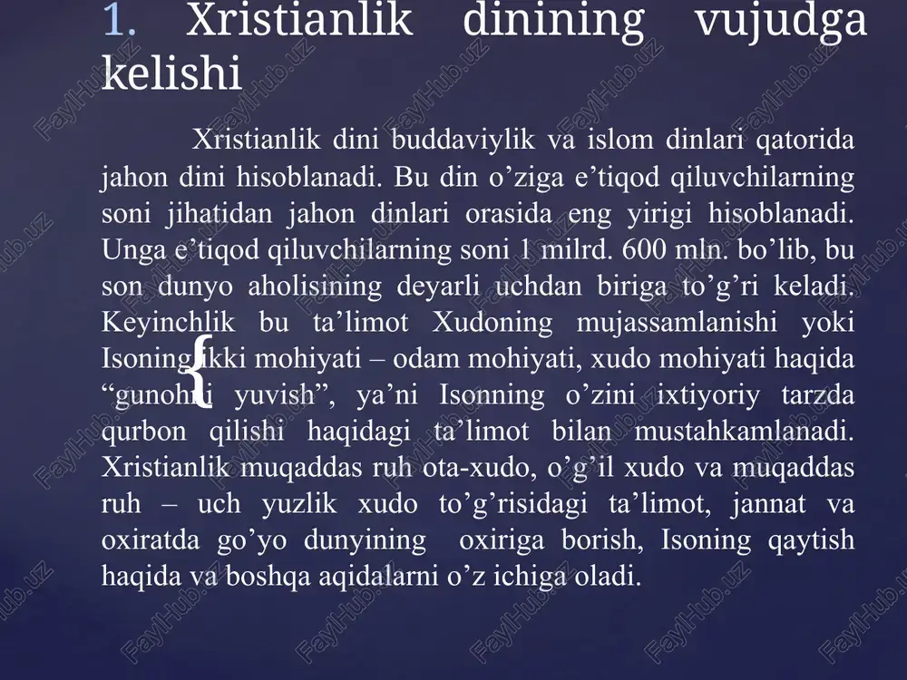 n bir necha yevropa cherkovlari ajralib chiqishi natijasida xristianlikda protestantlik harakatlari vujudga keldi. buning doirasida lyuteranlik, baptism, anglikanlik va kalvinizm cherkovlari shakllandi. bular bir cherkovning asosiy marosimlari jihatidan o’zlariga xos bo’lgan tomonlarga ega bo’lish bilan bir qatorda, bular ham o’z navbatida bir necha yo’nalishlar, mazhablar va oqimlarga bo’linadi. 19 1. pravoslav oqimi. provoslav oqimi xristianlikning uch asosiy yo’nalishidan biri o’laroq, tarixan uning sharqiy shahobkasi spatda ro’yobga chiqdi va shakllandi. bu oqim asosan sharqiy yevropa, yaqin sharq va bolqon mamlakatlarida tarqalgan. 20 2. katolik oqimi. xristianlikning yirik yo’nalishlaridan biri katoliklardir. u yevropa, osiyo, afrika va lotin amerikasi mamlakatlarida tarqalgan bo’lib, muxlislari taxminan 800 mln. kishini tashkil etadi. 21 3. protestantlik protestantizm tarixi martin lyuterdan (1483-1546) boshlanadi. u birinchi bo’lib katolik cherkovi bilan aloqani uzdi va protestant cherkovining asosiy qoidalarini ishlab chiqdi va uni himoya qildi. bu nizomga ko'ra, insonning xudo bilan bevosita muloqoti mumkin. kalvinizm. diniy islohatning boshqa bir yirik arbobi …