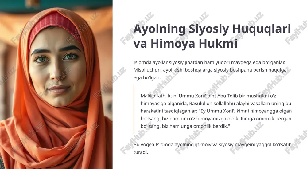ikka rioya qiling, agar birovni afzal qoʻyuvchi boʻlganimda, albatta ayollarni afzal qoʻyar edim." bu hadis ota-onalarga farzandlari, ayniqsa qiz bolalarga alohida eʼtibor berish, ularni koʻngli nozikligini hisobga olishni targʻib qiladi. qizlarga berishda birinchi navbat qiz bola koʻngli nozikligi islomiy tarbiya ulamolari, qiz bolalarning hissiyotlarga moyilligini inobatga olib, ularga birinchi boʻlib hadya berishni tavsiya qiladilar. tenglik va afzallik moliyaviy sovgʻalarda ham oʻgʻil va qizga teng miqdorda berish lozim. agar imkon boʻlsa, qizlardan boshlash afzaldir. xulosa: islomning ayolga bergan qadri islom ayol kishiga erkak bilan tenglik masalasida kerakli barcha narsani bergan va ularning jamiyatdagi oʻrnini mustahkamladi. huquqlar kafolati islom ayollarga oʻz huquqlarini berishda birinchi boʻlib ish boshlagan. adolatli yondashuv islom ayollarga dushmanlik qiladi, deb notoʻgʻri iddao qilayotganlar asossiz fikrlarni tarqatmoqda. asl taʼlimot ushbu taqdimot islomning asl mohiyatini, uning ayolga nisbatan adolatli va hurmatli munosabatini yoritishga qaratilgan. image1.png image2.png image3.png image4.png image5.png image6.png image7.png image8.png image9.png image10.png image11.png image12.png image13.png image14.png image15.png image16.png …