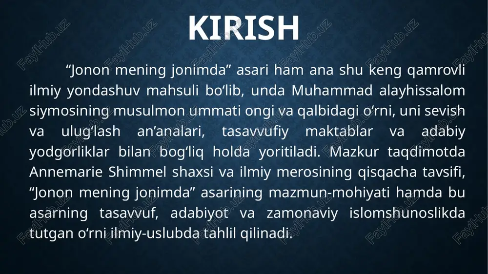 lar, madhiyalar, tasavvufiy she’riyat va marosim an’analari orqali qanday tarixiy shakllangani, musulmonlarning ma’naviy o‘zligini belgilovchi markaziy qadriyatlardan biriga aylangani ilmiy asosda tahlil qilinadi. xulosa shimmelning yondashuvi tasavvufni romantik ekzotika sifatida emas, balki axloqiy-ruhiy maktab va ma’naviy tarbiya tizimi sifatida talqin qilishga yordam beradi. natijada “jonon mening jonimda” tasavvuf, adabiyot va zamonaviy islomshunoslik kesishgan nuqtada turuvchi, payg‘ambarona muhabbatning ma’nosini chuqurroq anglashga, madaniyatlararo muloqot va o‘zaro hurmatni mustahkamlashga xizmat qiladigan muhim ilmiy manba sifatida e’tirof etiladi. foydalanilgan adabiyotlar: shimmel a. jonon mening jonimda. – t.: “sharq” nashriyot-matbaa kontserni bosh tahririyati, 1999. n.ziyouz.com alimov x. tasavvuf va psixologiya: o‘quv qo‘llanma. – toshkent: o‘zbekiston xalqaro islom akademiyasi, 2021. renessans-edu.uz qobilov u. turkiy-o‘zbek adabiyotida tavhid, nubuvvat va badiiyat masalalari // turkologik tadqiqotlar. – 2024. – № 1(3). – b. 68–81. turkologiya.samdu.uz iskandarov f. me‘roj na‘tlarda qorong‘u kecha tasviri // oltin bitiglar. – 2021. – vol. 4. – b. 92–106. goldenscripts.navoiy-uni.uz mahmudov a. yo. olmon adabiyotida …
