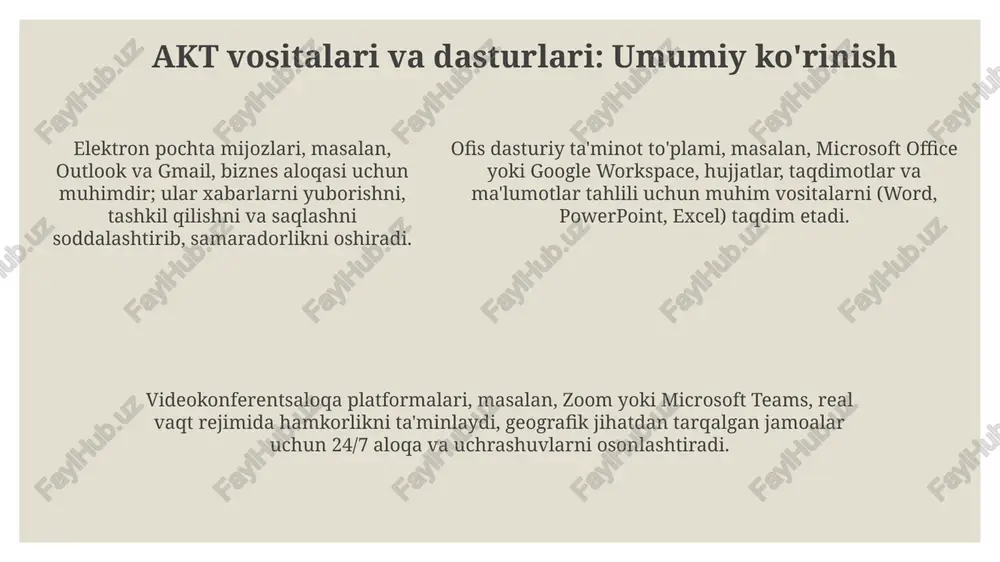 yatdagi doimiy o'zgaruvchan roli akt professional faoliyatda muhim rol o'ynaydi, 24/7 aloqani ta'minlaydi va ma'lumotlarni qayta ishlash tezligini 50% ga oshiradi, bu esa qaror qabul qilishni tezlashtiradi. zamonaviy akt vositalari, masalan, bulutli texnologiyalar va ai, ish unumdorligini 30% ga oshirish bilan birga, xarajatlarni kamaytirish va innovatsiyalarni rag'batlantirish imkonini beradi. zamonaviy akt vositalari, masalan, bulutli texnologiyalar va ai, ish unumdorligini 30% ga oshirish bilan birga, xarajatlarni kamaytirish va innovatsiyalarni rag'batlantirish imkonini beradi. savol-javoblar va muhokama muhokama davomida ma'lumotlar xavfsizligi bo'yicha iso 27001 standartiga mos keluvchi 3 ta eng muhim xavfsizlik chorasi haqida o'z fikringizni bildiring. savol-javoblar sessiyasida auditoriyaning akt sohasidagi 5w1h (nima, nega, qachon, qayerda, kim, qanday) savollariga aniq va amaliy javoblar berish muhim. auditoriyani akt vositalarini professional faoliyatda samarali qo'llash bo'yicha 2-3 daqiqalik interaktiv viktorinada ishtirok etishga taklif qiling. e'tiboringiz uchun rahmat