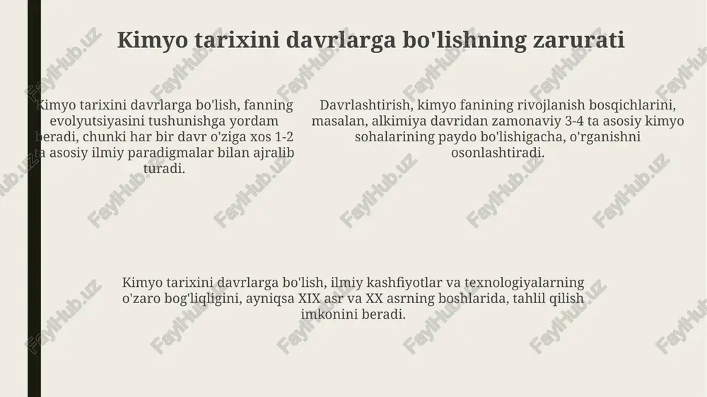 ordam beradi, atom nazariyasini tushunishni chuqurlashtiradi. kimyo tarixi 19-asrda mendeleyev davriy jadvalining yaratilishi kabi muhim kashfiyotlarga olib kelgan ilmiy tafakkurning rivojlanishini o'rganishga yordam beradi, atom nazariyasini tushunishni chuqurlashtiradi. kimyo tarixi manbalari o'rta asrlardagi arab alkimyogarlarining (800-1500 yillar) asarlari kimyo tarixi uchun muhim manba bo'lib, unda yangi moddalar va usullar haqida ko'plab ma'lumotlar saqlanib qolgan. kimyo tarixining manbalariga misol qilib, miloddan avvalgi 1500-yilga oid qadimgi misr papiruslarida bo'yoqlar va shifobaxsh o'simliklar haqida ma'lumotlarni keltirish mumkin. xvii-xviii asrlardagi kimyogarlarning laboratoriya daftarlari va xatlari (masalan, lavuazyening yozuvlari) o'sha davr kimyoviy eksperimentlarining natijalari va metodologiyasini aks ettiradi. o'zbekistonda kimyo tarixining o'rganilishi o'zbekistonlik olimlar tomonidan olib borilgan izlanishlar, qadimgi xorazm va so'g'd hududlarida kimyoviy jarayonlarning qo'llanilishi, masalan, metallurgiya va bo'yoq ishlab chiqarishning erta bosqichlarini aniqladi. o'zbekistonda kimyo tarixini o'rganish xx asrning 2-yarmida boshlangan. bu davrda al-beruniy va ibn sinoning kimyoviy merosi chuqur tahlil qilindi, jumladan ularning metallar va minerallar haqidagi asarlari. akademik h.usmonovning ishlari o'zbekistonda …