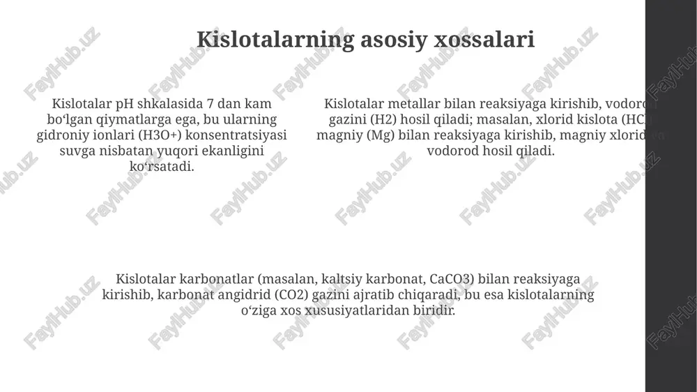 alar, masalan, xlorid kislota (hcl), bevosita vodorod (h₂) va xlor (cl₂) kabi elementlarning birikishi orqali 200°c dan yuqori haroratda olinadi. sulfat kislota (h₂so₄) sanoat miqyosida kontakt usuli orqali hosil qilinadi. bu jarayon oltingugurtni (s) yoqib, oltingugurt dioksidini (so₂) keyin oltingugurt trioksidiga (so₃) aylantirishni o'z ichiga oladi. sulfat kislota (h₂so₄) sanoat miqyosida kontakt usuli orqali hosil qilinadi. bu jarayon oltingugurtni (s) yoqib, oltingugurt dioksidini (so₂) keyin oltingugurt trioksidiga (so₃) aylantirishni o'z ichiga oladi. kislotalarning ishlatilishi nitrat kislota, hno₃, portlovchi moddalar, masalan, trotil (trinitrotoluen) ishlab chiqarishda asosiy komponent hisoblanadi, va taxminan 80% nitrat kislota shu maqsadga yo'naltiriladi. sulfat kislota, h₂so₄, o'g'it ishlab chiqarishda keng qo'llaniladi; 60% dan ortiq sulfat kislota superfosfat va ammoniy sulfat kabi o'g'itlar sinteziga sarflanadi. xlorid kislota, hcl, metallarni tozalash va zangdan tozalashda, shuningdek, ph darajasini nazorat qilish uchun ishlatiladi; 35% gacha hcl ushbu maqsadlar uchun sarflanadi. kislotalarning xavfsizligi kislotalar bilan ishlaganda yaxshi shamollatiladigan joyda ishlash muhim, chunki ba'zi …