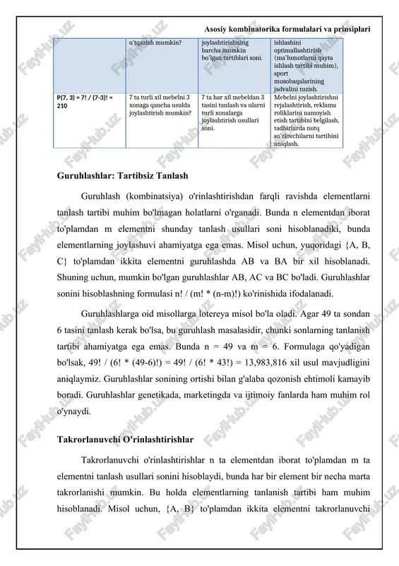 shbu formula orqali masalani aniqlash va yechish mumkin. guruhlashda esa, elementlarning tartibi ahamiyatga ega emas. shuning uchun, 5 ta elementdan 3 tasini tanlashda, ularning qanday tartibda tanlanganligi muhim emas. bu holda, c(n, k) = n! / (k! * (n-k)!) formulasi qo'llaniladi. ushbu formula kombinatorika masalalarini tuzishda juda foydali bo'lib, masalaning shartini to'g'ri aniqlashga yordam beradi. almashinishlar esa, barcha elementlarning tartibi o'zgarishi bilan bog'liq. agar n ta element bo'lsa, ularning almashinishlar soni n! ga teng. masalalarni yaratishda ushbu formulalarni bilish va ularni masalaning shartiga mos ravishda qo'llash muhimdir. 📊 formulalar yordamida yechiladigan kombinatorial masalalarni yaratish statistikasi ushbu statistika formulalar yordamida yechiladigan kombinatorial masalalarni yaratish bilan bog'liq asosiy ko'rsatkichlarni ko'rsatadi. formulalar yordamida yechiladigan masalalar muvaffaqiyat darajasi 75% yechishda formula qo'llanilganda to'g'ri javob topish ehtimoli. o'quvchilarning kombinatorika formulalarini tushunish darajasi 60% talabalarning kombinatorika formulalarini to'g'ri qo'llash qobiliyati. kombinatorik masalalarning formulalashuv darajasi 80% umumiy kombinatorik masalalardan formulalar yordamida yechish mumkin bo'lgan masalalarning ulushi. o'rta …