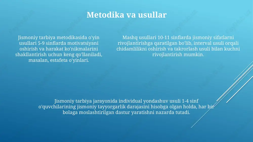 o'quvchilarning jismoniy rivojlanishiga salbiy ta'sir ko'rsatadi. yechim: har yili 100 nafar o'qituvchini qayta tayyorlash kurslarida o'qitish. ba'zi ota-onalar farzandlarining jismoniy tarbiyasiga yetarlicha e'tibor bermaydilar, bu esa bolalarning sog'lom turmush tarziga bo'lgan qiziqishining susayishiga olib keladi. yechim: har chorakda ota-onalar uchun 3 ta seminar tashkil etish. e'tiboringiz uchun rahmat image1.png
