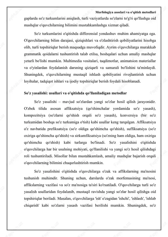 masalan, so'zni turkumlar bo'yicha ajratish uchun rangli kartochkalardan foydalanish mumkin. shuningdek, o'quvchilarning mustaqil ishlash qobiliyatini rivojlantirish uchun guruhlarda ishlash, loyihalar va tadqiqot ishlarini tashkil etish foydali hisoblanadi. ⚖️ maktab ta'limida morfologiya bo'limini o'qitish uchun dars rejalarini taqqoslash morfologiya dars rejalarining turli xil yondashuvlarini taqqoslash item qamrovlilik darajasi qiziqarlilik amaliyotga yo'naltirilganlik baholash usullari an'anaviy dars rejasi yuqori o'rtacha past test interaktiv dars rejasi o'rtacha yuqori o'rtacha topshiriq leksik-grammatik dars rejasi yuqori o'rtacha yuqori insho morfologiya asoslari va o'qitish metodlari morfologiya darslari uchun kirish: so'z yasalishi va o'zgarishi morfologiya darslarining maqsadi o'quvchilarga so'zlarning tuzilishi, so'z yasalishi usullari va so'zlarning grammatik shakllari haqida tushuncha berishdir. dars rejasini tuzishda, avvalo, so'z o'zagining (root) va affikslarning (prefixes, suffixes) ahamiyatini tushuntirish muhim. o'quvchilarga o'zak so'zning ma'nosini va affikslarning unga qo'shilish orqali ma'noni qanday o'zgartirishini ko'rsatish lozim. masalan, "kitob" so'zi o'zak bo'lib, unga "-xon" affiksini qo'shib "kitobxon" so'zini yasash mumkin. bu jarayonni tushuntirish uchun turli misollar keltirish …