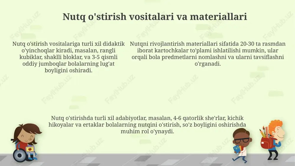 un 3-4 yoshdan boshlab muntazam ravishda nutqni tekshirish metodlarini qo'llashi shart. pedagog o'quv mashg'ulotlarida 5-6 yoshli bolalarning lug'at boyligini oshirishga qaratilgan didaktik o'yinlardan foydalanishi, yangi so'zlarni o'rgatishi kerak. pedagog o'quv mashg'ulotlarida 5-6 yoshli bolalarning lug'at boyligini oshirishga qaratilgan didaktik o'yinlardan foydalanishi, yangi so'zlarni o'rgatishi kerak. nutq nuqsonlarini korrektsiyalash usullari logopedik massaj yordamida nutq organlarining mushak tonusini normallashtirish, 3 yoshdan boshlab, dizartriya kabi nutq nuqsonlarini kamaytirishga yordam beradi. artikulyatsion gimnastika usullari orqali lab, til va jag' mushaklarini mustahkamlab, 5-7 yoshdagi bolalarda tovushlarni to'g'ri talaffuz qilishga erishiladi. naqshli nutq terapiyasi orqali 4 yoshdan katta bolalarda tovushlarni ajratish va farqlash qobiliyatini rivojlantirish, fonetik-fonematik buzilishlarni bartaraf etish mumkin. nutqni tekshirish metodlari nutqni tekshirishda "ppvt-4" kabi standartlashtirilgan testlar ishlatiladi, bu testlar bolaning tushunish qobiliyatini 2 yoshdan 90 yoshgacha baholaydi. nutqni tekshirishda ekspress-diagnostika usullari qo'llaniladi, ularda 10-15 daqiqa ichida bolaning lug'at boyligi va grammatik tuzilishi tez baholanadi. fonetik-fonematik tekshiruvlar orqali bolaning 25 ta tovushni to'g'ri talaffuz …