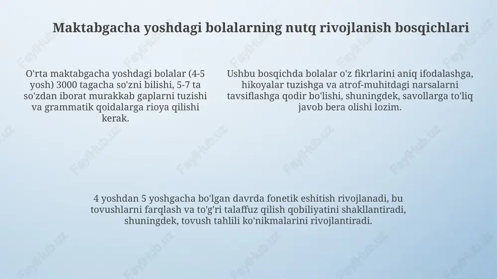 atik rivojlanishni baholash 4 yoshli bolada kamida 20 ta tovushni to'g'ri talaffuz qilishi va so'zlardagi tovushlarni farqlay olishi kabi mezonlar asosida amalga oshiriladi. pedagogning nutq rivojlantirishdagi roli pedagog 4 yoshdan 5 yoshgacha bo'lgan bolalarda nutqni rivojlantirish uchun maxsus o'quv rejalari va dasturlarini ishlab chiqadi va ularni amaliyotga tatbiq etadi. pedagog har bir bolaning individual xususiyatlarini hisobga olgan holda, nutqni rivojlantirish uchun turli xil metodlar, masalan, o'yinlar, mashqlar va suhbatlardan foydalanadi. pedagog har bir bolaning individual xususiyatlarini hisobga olgan holda, nutqni rivojlantirish uchun turli xil metodlar, masalan, o'yinlar, mashqlar va suhbatlardan foydalanadi. ota-onalar bilan hamkorlik qilish shakllari ota-onalar uchun 2-3 oyda bir marotaba "nutq rivojlanishi bo'yicha mahorat darslari" tashkil etish. unda uy sharoitida nutqni rivojlantirish uchun 5-6 ta amaliy mashqlar namoyish etiladi. ota-onalar bilan "ochiq eshiklar kuni"ni tashkil etish, bu jarayonda bolaning 3-4 yoshdagi nutq rivojlanishidagi muvaffaqiyatlari va qiyinchiliklarini ko'rsatuvchi taqdimotlar o'tkazish mumkin. ota-onalarning "savol-javob" shaklidagi 15-20 daqiqalik interaktiv uchrashuvlarini o'tkazish, …