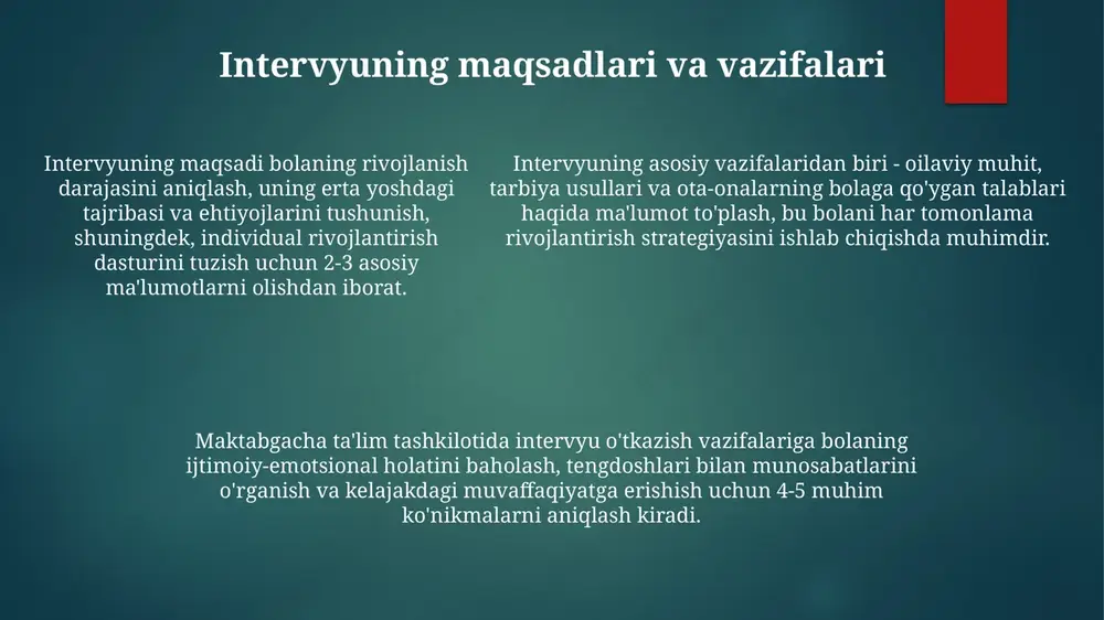 shlatish kerak. intervyu o'tkazishdagi xatolar va ularni bartaraf etish yo'llari birinchi xato - yo'naltiruvchi savollar berish, bolaning javobini oldindan belgilab qo'yish. buni bartaraf etish uchun 70% ochiq savollardan foydalanish kerak. ikkinchi xato - intervyu davomida noverbal signallarga e'tibor bermaslik. tinglash ko'nikmalari va 80% noverbal aloqaga e'tibor qaratish orqali oldini olish mumkin. ikkinchi xato - intervyu davomida noverbal signallarga e'tibor bermaslik. tinglash ko'nikmalari va 80% noverbal aloqaga e'tibor qaratish orqali oldini olish mumkin. zamonaviy texnologiyalardan foydalanish (audiovideo yozuvlar, onlayn intervyular) onlayn intervyular geografik cheklovlarni bartaraf etadi, ota-onalar bilan tezkor aloqa o‘rnatishga yordam beradi va 20% vaqtdan tejash imkonini beradi. audiovideo yozuvlar intervyularning to‘g‘riligini ta’minlaydi, ma’lumotlarni aniq qayd etish imkonini beradi va keyinchalik tahlil qilish uchun 100% kafolat beradi. zamonaviy transkripsiya dasturlari intervyu yozuvlarini matnga aylantiradi, natijalarni tahlil qilishni osonlashtiradi va 30% resurslarni tejaydi. intervyu natijalarini hujjatlashtirish, ota-onalar bilan hamkorlik ota-onalarga intervyu natijalari bo'yicha 1 haftalik muddat ichida 3 xil formatda (yozma, …