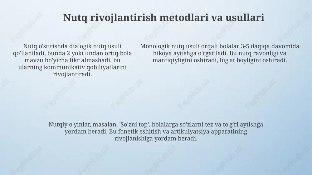dan ortiq didaktik materiallar, jumladan, rasmlar to'plami, kartochkalar va o'quv qo'llanmalari bolalarning nutqini rivojlantirishda muhim rol o'ynaydi. nutq rivojlantirishning me'yoriy-huquqiy asoslari "maktabgacha ta'lim va tarbiya to'g'risida"gi qonunning 6-moddasida maktabgacha ta'limning asosiy vazifalaridan biri sifatida bolalarning nutqini rivojlantirish belgilangan, bu esa huquqiy asos yaratadi. o'zbekiston respublikasi vazirlar mahkamasining 2020-yil 22-dekabrdagi 802-sonli qarori bilan tasdiqlangan davlat maktabgacha ta'lim tashkilotlariga qo'yiladigan davlat talablari nutq rivojlanishiga oid me'yorlarni belgilaydi. o'zbekiston respublikasi vazirlar mahkamasining 2020-yil 22-dekabrdagi 802-sonli qarori bilan tasdiqlangan davlat maktabgacha ta'lim tashkilotlariga qo'yiladigan davlat talablari nutq rivojlanishiga oid me'yorlarni belgilaydi. xulosa muntazam diagnostika va monitoring yordamida, har bir bolaning individual nutq rivojlanish darajasini aniqlash, moslashtirilgan ta'lim dasturlarini yaratishga yordam beradi. xulosa shuni ko'rsatadiki, maktabgacha ta'limda nutqni rivojlantirishda 14 ta asosiy yo'nalish muhim rol o'ynaydi, ularni amalga oshirish sifatli natijalarni ta'minlaydi. ota-onalar bilan hamkorlikning 10 dan ortiq samarali shakllari mavjud bo'lib, ular bolaning nutqini uy sharoitida rivojlantirishda muhim ahamiyatga ega. tavsiyalar 6-7 yoshli bolalarda …