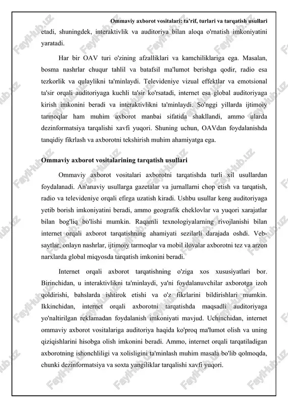 o'zbekiston oavsi hali ham bir qator muammolarga duch kelmoqda, jumladan, moliyaviy mustaqillikning pastligi, reklama bozorining cheklanganligi va qonunchilikdagi ayrim noaniqliklar. o'zbekiston oavsining rivojlanishida raqamli texnologiyalarning roli tobora ortib bormoqda. internet va ijtimoiy tarmoqlar axborotni tez va keng tarqatish, auditoriya bilan aloqa o'rnatish va yangi auditoriyalarni jalb qilish imkoniyatini beradi. o'zbekistonlik jurnalistlar va blogerlar internetdan o'z fikrlarini bildirish, ijtimoiy muammolarni ko'tarish va odamlarni xabardor qilish uchun faol foydalanmoqda. shunga qaramay, internetda dezinformatsiya va soxta yangiliklar tarqalishi xavfi o'zbekistonda ham dolzarb bo'lib qolmoqda. shuning uchun, oav vakillari va foydalanuvchilar axborotni tekshirish va tanqidiy fikrlash ko'nikmalarini rivojlantirishlari zarur. ⚖️ ommaviy axborot vositalari: ma'lumot berishni taqqoslash ommaviy axborot vositalarining turli xil turlari ma'lumot berish qobiliyati bo'yicha taqqoslash item tezkorlik chuqurlik ishonchlilik qamrov televideniye yuqori o'rtacha o'rtacha keng gazetalar past yuqori yuqori mahalliy internet yangiliklari juda yuqori past o'rtacha global ommaviy axborot vositalari: ta'rif, turlari va tarqatish usullari axborotning demokratik jarayonlarga ta'siri ommaviy axborot vositalari …