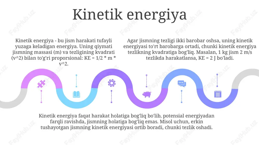 'tiborga olish muhim. ish-energiya teoremasi masalalarni yechishda ayniqsa foydali, chunki u ishning jismning kinetik energiyasidagi o'zgarishga teng ekanligini ta'kidlaydi. ish-energiya teoremasi masalalarni yechishda ayniqsa foydali, chunki u ishning jismning kinetik energiyasidagi o'zgarishga teng ekanligini ta'kidlaydi. uyg'unlashgan misollar ish-energiya teoremasidan foydalanib, bir jismga ta'sir etuvchi barcha kuchlarning bajarilgan ishi (w = δke) jismning kinetik energiyasidagi o'zgarishga tengligini aniqlashning kombinatsiyalashgan usuli qo'llaniladi. energiya saqlanishi qonuniga oid muammolarni yechishda, kinetik energiya (1/2 * mv^2) va potensial energiyalarni (mgh va 1/2 * kx^2) birgalikda ishlatish orqali masalaning yechimiga erishish mumkin. konservativ va nokonservativ kuchlar ishtirok etgan holatlarda, umumiy mexanik energiya o'zgarishini (δe = w_nc) nokonservativ kuchlar bajaradigan ish orqali aniqlash usullari uyg'unlashtiriladi. amaliy qo'llanilish sohalari transportda, avtomobillarning kinetik energiyasi 120 km/soat tezlikda harakatlanishga imkon beradi, bu esa yo'lovchilar va yuklarni tashish uchun muhim ahamiyatga ega. muhandislikda, 1000 n kuch bilan ishlaydigan mexanizmlar, materiallarning mustahkamligini sinash va yangi konstruksiyalarni yaratish uchun zarur energiyani ta'minlaydi. energetika …