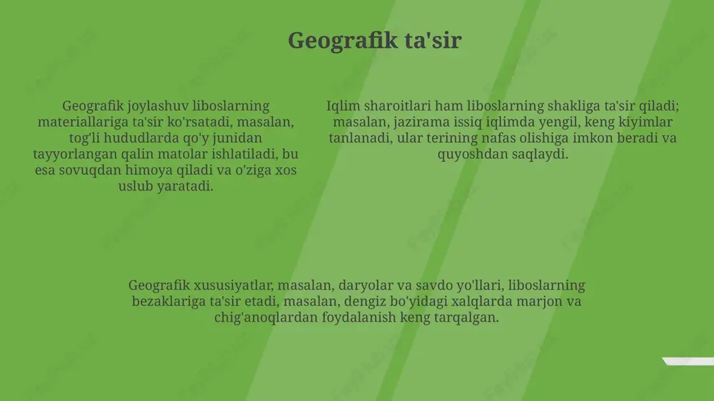 a hatto diniy e'tiqodlar haqida ma'lumot bergan. to'qimachilik texnikalari va materiallari adras va atlas kabi matolar qo'lda to'qilgan bo'lib, har bir matoning yaratilishi ko'p vaqt va mahorat talab qilgan. masalan, bir dona adras matosini to'qish uchun 2-3 oy vaqt ketishi mumkin edi. qadimda paxta, ipak va jun asosiy tolalar bo'lgan. ikat texnikasi, ya'ni ipni bo'yash va so'ngra to'qish orqali murakkab naqshlar yaratish usuli keng qo'llanilgan. bu usulda ranglarning aniqligi muhim edi. xvii-xix asrlarda zardo'zlik keng tarqalgan bo'lib, oltin va kumush iplar yordamida matolarga hashamatli bezaklar berilgan. buxoro zardo'zlari tomonidan yaratilgan liboslar o'zining nafisligi bilan ajralib turardi. liboslar va marosimlar navro‘z bayrami liboslari bahor ranglarini aks ettiradi, ko‘pincha yashil va oq ranglar ishlatiladi. har bir element yangilanish, unumdorlik va tabiat uyg'onishini ifodalaydi. kelinchak liboslari, masalan, surxondaryo to‘ylarida 7 tagacha ko‘ylakdan iborat bo‘lib, har biri alohida marosim bosqichini aks ettiradi, oilaviy hayotga o'tishni ramziy qiladi. xorazm raqs marosimlarida liboslar raqqosaning harakatlarini ta'kidlash …