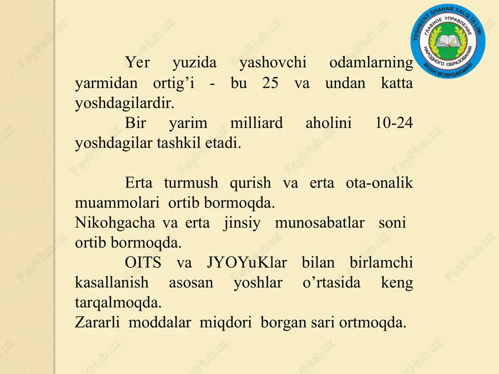 ir qiz bola organizmi balog’atga yetadi. balog’atga yetish davrining tugashi bo’lib hayz ko’rish kuzatiladi. lekin o’smir qizda hayz ko’rish tananing homilador bo’lishga tayyor ekanligini ko’rsatsada, homilador bo’lishga jinsiy jihatdan tayyor bo’lsada, hali u jismoniy va ruhiy jihatdan tayyor emas. homiladorlik uning salomatligiga salbiy ta'sir ko’rsatishi mumkin. balog’atga yetish davridagi qiz bola tanasining o’ziga xos xususiyatlari homiladorlikning kechishi va tug’ruq vaqtida ta'sirini ko’rsatadi. o’smirlar homiladorligining kechishi quyidagi omillarga bog’liq bo’ladi bachadonning to’liq rivojlanishi oxirigacha yetmaganligi uchun homilaning tushishi, chala tug’ilish kuzatiladi. o’smir qiz bola organizmiga xos gormonlarning homiladorlik vaqtida yetarli ishlab chiqmasligi ham, bolaning ona qornida mukammal o’sishiga salbiy ta'sirini ko’rsatmay qo’ymaydi va homila rivojlanishidagi turli o’zgarishlarni kuzatilishi mumkin. balog’atga yetmagan onaning suyak sistemasi to’liq yetilib ulgurmagan bo’ladi va homilaning shakllanishi va rivojlanishi uchun barcha mikroelementlar, oqsil moddalari ona organizmidan olinib, shu bilan onaning ham bolaning ham nosog’lom bo’lishiga olib keladi. o’smirlar homiladorligida kamqonlilik ko’p uchraydi va ulardan ham kamqon, nimjon …