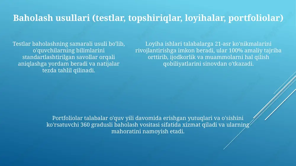 taxminan 50% gacha. blokcheyn texnologiyasi baholash natijalarining xavfsizligi va shaffofligini ta'minlaydi, diplomlar va sertifikatlarni soxtalashtirish xavfini kamaytiradi, taxminan 50% gacha. kirish kirishda baholashning asosiy maqsadlari, vazifalari va ta'lim tizimidagi ahamiyati haqida qisqacha, lekin aniq 25-35 so'z bilan tushuntirish lozim. baholash - bu o'quvchilarning bilim va ko'nikmalarini aniqlashning muhim jarayoni bo'lib, ta'lim maqsadlariga erishish darajasini 360 gradusda baholaydi. baholash turlari, xususan, formativ, summativ va diagnostik baholashning o'ziga xos xususiyatlari va 1, 2, 3 bosqichlardagi roli 20-40 ta so'z bilan bayon etiladi. xulosa o'qituvchilarning baholash kompetensiyasi (bilim, ko'nikma, malaka) 100% rivojlangan bo'lishi muhim. talabalarni o'z-o'zini baholashga o'rgatish orqali o'quv jarayonini yanada samaraliroq qilish mumkin. yakuniy xulosa shuni ko'rsatadiki, baholash 360 daraja bo'lishi kerak, ya'ni formativ, summativ va diagnostik baholash usullarini birlashtirib, o'quv jarayonini takomillashtirishga qaratilgan bo'lishi zarur. baholash mezonlari va indikatorlari aniq va o'lchanadigan bo'lishi kerak, bu esa xolislikni ta'minlaydi. bu xolislik baholashning ishonchliligi (95% ishonch) va adolatliligini oshiradi, baho berishda shaffoflikni …