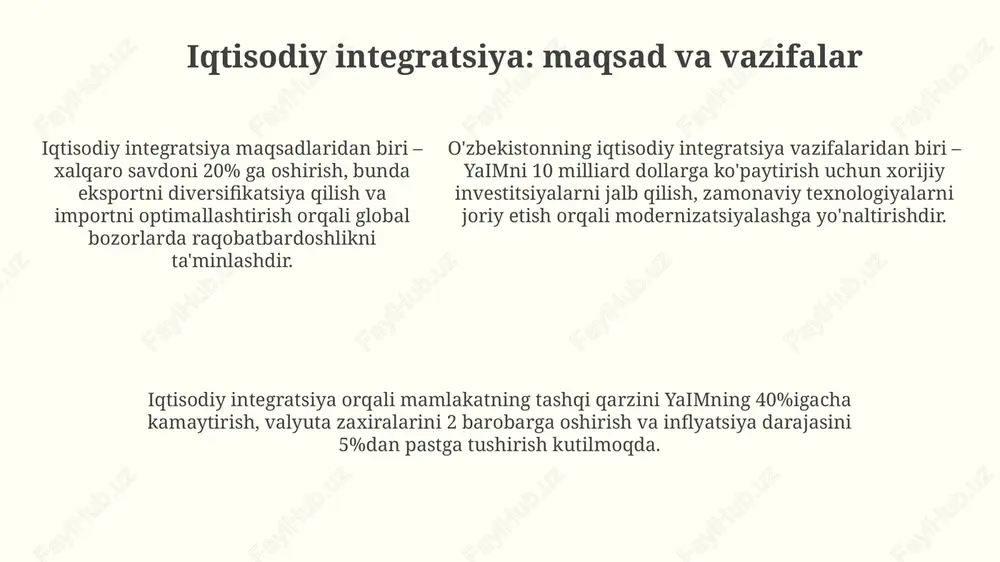 imoya qilish, shuningdek, axborot xavfsizligi sohasida xalqaro hamkorlikni rivojlantirish, jumladan bmtning tegishli rezolyutsiyalari asosida. o'zbekistonning xalqaro imidjini yaxshilash o'zbekistonning turizm salohiyatini targ'ib qilish, xususan "ipak yo'li" brendidan foydalanish, 2023-yilda 7 million sayyohni jalb qilish maqsadida marketing kampaniyalarini kuchaytirishga yordam beradi. o'zbekistonning xalqaro maydonda inson huquqlari bo'yicha islohotlari, jumladan, qiynoqqa solishning oldini olish bo'yicha 2022-yilgi milliy harakatlar rejasining amalga oshirilishi, imidjini yaxshilaydi. o'zbekistonning bmt, shanxay hamkorlik tashkiloti kabi xalqaro tashkilotlardagi faol ishtiroki va tashabbuslari, masalan, afg'oniston bo'yicha toshkent konferensiyasi, mamlakat nufuzini oshiradi. integratsiya jarayonining qonunchilik asoslari o'zbekiston integratsiyasini mustahkamlashning qonunchilik asosi "tashqi siyosat konsepsiyasi" kabi hujjatlar bilan belgilanadi, u 2012-yilda qabul qilingan va doimiy yangilanib boradi. investitsiya muhitini yaxshilashga qaratilgan qonunlar, misol uchun, 2019-yildagi "investitsiyalar va investitsiya faoliyati to'g'risida"gi qonun, integratsiya jarayonlariga sezilarli ta'sir ko'rsatadi. investitsiya muhitini yaxshilashga qaratilgan qonunlar, misol uchun, 2019-yildagi "investitsiyalar va investitsiya faoliyati to'g'risida"gi qonun, integratsiya jarayonlariga sezilarli ta'sir ko'rsatadi. integratsiya yo'lidagi risklar va muammolar integratsiya jarayonida …