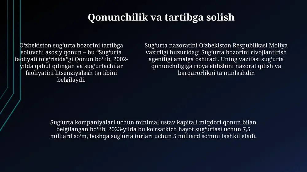 q joylarda, aholining sug'urta qamrovini kengaytirish uchun muhim ahamiyatga ega. sug'urta kompaniyalarining kapitalini oshirish, xalqaro reyting agentliklari bilan hamkorlikni kuchaytirish va sug'urta qarzlarini qayta sug'urtalash imkoniyatlarini kengaytirish ustuvor vazifalardan biridir. muammolar va ularni hal etish yo'llari sug'urta savodxonligining pastligi muammosini hal qilish uchun aholi orasida 100 dan ortiq bepul o'quv kurslari tashkil etish va ommaviy axborot vositalarida targ'ibotni kuchaytirish kerak. sug'urta kompaniyalari kapitalining yetarli emasligi muammosini yechish uchun 50 million dollarlik davlat kafolati fondini yaratish va xorijiy investitsiyalarni jalb qilish bo'yicha chora-tadbirlar ishlab chiqish lozim. sug'urta kompaniyalari kapitalining yetarli emasligi muammosini yechish uchun 50 million dollarlik davlat kafolati fondini yaratish va xorijiy investitsiyalarni jalb qilish bo'yicha chora-tadbirlar ishlab chiqish lozim. davlatning roli o'zbekiston respublikasi hukumatining muhim vazifasi sug'urta xizmatlaridan foydalanish imkoniyatini kengaytirish, ayniqsa qishloq joylarda, subsidiyalar va davlat-xususiy sheriklik loyihalari orqali 70% qishloq aholisiga ta'sir ko'rsatadi. davlat sug'urta bozorini tartibga solishda asosiy rol o'ynaydi, sug'urta faoliyatini litsenziyalash va nazorat qilish …