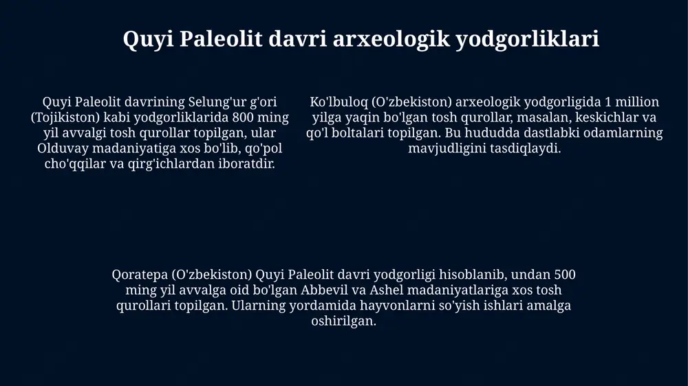 vroosiyo bo'ylab migratsiyani tushunishga yordam beradi. bu mintaqa tosh asboblari texnologiyasining evolyutsiyasiga oid noyob ma'lumotlarni taqdim etadi, jumladan 300 ming yildan ortiq davrdagi quyi paleolit davri artefaktlari. markaziy osiyoda topilgan 10 ming yillik qadimgi odam suyaklarining genetik tadqiqotlari, odamlarning kelib chiqishi va evolyutsiyasiga oid muhim ma'lumotlarni ochib beradi. kelajakdagi tadqiqot yo'nalishlari genetik tadqiqotlarning rivojlanishi orqali 40000 yildan ortiq vaqt oldin yashagan odamlarning migratsiyasi va markaziy osiyo xalqlari bilan aloqasini aniqlash kerak. yangi texnologiyalar yordamida 3d modellash va virtualnaya reallik kabi usullar bilan qadimgi turar-joylar va artefaktlarni yanada chuqurroq o'rganish lozim. yangi texnologiyalar yordamida 3d modellash va virtualnaya reallik kabi usullar bilan qadimgi turar-joylar va artefaktlarni yanada chuqurroq o'rganish lozim. xulosa genetik tadqiqotlar shuni ko'rsatadiki, markaziy osiyo yevroosiyo bo'ylab migratsiya yo'llarida muhim rol o'ynagan, bu esa turli guruhlar genetik aralashuviga sabab bo'lgan taxminan 40 ming yil oldin. markaziy osiyoning paleolit davri tadqiqotlari mintaqaning insoniyat tarixidagi o'rni haqida muhim ma'lumotlarni ochib berdi, …