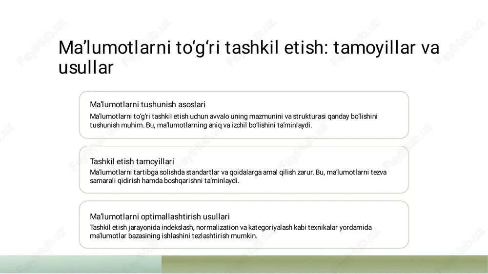 rlikni oshiradi. bu� usullar katta hajmdagi ma’lumotlarni tezkor vaaniq tahlil qilish imkonini beradi.� 3� optimizatsiya usullari� - indeksatsiya, kesh vaparallel ishlash kabi texnikalar yordamidama’lumotlar bazasi operatsiyalarini tezlashtirish� mumkin. bu, ayniqsa, kattama’lumotlar bilan ishlashdamuhim.� qidirish algoritmlari va mazmunli ma’lumotlarni topish usullari� 01� 02� 03� 04� qidirish algoritmlari� mazmunli� indekslar va� qidiruv algoritmlari� ma’lumotlar� tartiblash� turlari� ma’lumotlarni samarali� qidirishdamazmunli� ma’lumotlarni indekslash� turli qidiruv algoritmlari� topish uchun qidirish� ma’lumotlarni aniqlash� va tartiblash qidiruv� mavjud: lineyar, binar, va� algoritmlari ishlab� uchunmazmun analiz� jarayonini� moslik bo‘yicha. har biri� chiqiladi. ular� algoritmlari qo‘llanadi. bu� optimallashtiradi. bu usul� ma’lumotlar� ma’lumotlar bazasida tez� usul yordamida relevans� qidiruvni tezlashtiradi va� xususiyatlarigamos� va aniq natijalar olish� va sifat oshadi.� resurslarni tejashga� ravishda tanlanadi.� imkonini taqdim etadi. yordam beradi.� ma’lumotlar bazasida optimallashtirilgan qidiruv tizimlari� 01� 02� 03� tez qidiruv� indekslash� filtrlash va� algoritmlari� texnologiyalari� tartiblash� ma’lumotlar bazasida tez va� indekslar qidiruv� ma’lumotlarni qidirishda� samarali qidiruv uchun� jarayonini sezilarli� filtrlar va tartiblash� …