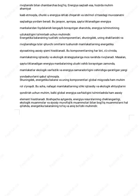 hki iste’mol va saqlash jarayonlarining xilma-xill igini tushunishga yordam beradi.� dunyo bo‘ylab mamlakatlar energetika ishlab chiqarish imkoniyatlari va taqsimot usullari bilan ajral ib turadi. masalan, neft va gaz resurslariga boy bo‘lgan davlatlar, asosan, yirik neft va gaz ishlab chiqaruvchilar sifatida tanilgan. saudiya arabistoni, rossiya va aqsh kabi mamlakatlar o‘zlarining energiya resurslarini ishlab chiqarish va eksport qil ishda yetakchil ik qilmoqda. bu mamlakatlar energiya ishlab chiqarishining katta qismini o‘z ichki ehtiyojlarini qondirish uchun ishlatadilar, qolganini esa xorijiy bozorlarga chiqaradilar. bu jarayon, odatda, energiya resurslarining eksportiga asoslangan bo‘l ib, mamlakatlarning iqtisodiy rivojlanishiga katta ta'sir ko‘rsatadi.� yana bir muhim jihat, energiya ishlab chiqarish va taqsimotning diversifikatsiya� qil ishidir. ba'zi mamlakatlar, xususan, kosta- rika, daniya va hindiston, qayta tiklanadigan energiya manbalariga, masalan, shamol, quyosh va gidroenergiya, ko‘proq sarmoya kiritmoqda. bu esa, ularning ekologik xavfsizl igi va energiya mustaqill igini ta'minlash uchun muhim ahamiyatga ega. bu mamlakatlar, shuningdek, energiya ishlab chiqarish va iste'molni muvozanatlashga intil …