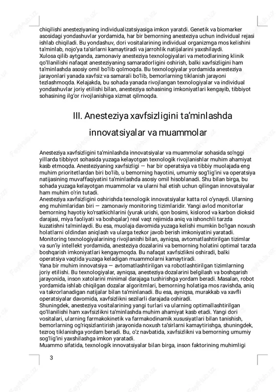 o‘ynaydi.� zamonaviy anesteziya texnologiyalarining asosiy yo‘nalishlari ichida yangi dori vositalarining joriy etil ishi muhim o‘rin tutadi. yangi avlod anestetiklar, ular bilan bog‘l iq farmakokinetika va farmakodinamik xususiyatlar, bemorlarning og‘riq sezgirl igini kamaytirish va tezroq tiklanishini ta’minlash uchun ishlab chiqilgan. masalan, propofol va sevoflurane kabi dori vositalari, ularning nojo‘ya ta’sirlarini minimallashtirish va xavfsizl ikni oshirish uchun yangi formulalar bilan boyitilgan. bu dori vositalarining klinik qo‘llanil ishi yordamida, jarrohlik amaliyotlarining davomiyligi qisqarib, bemorlarning tezroq to‘g‘ril ishi ta’minlanmoqda.� monitorlash texnologiyalari ham anesteziya sohasidamuhim o‘rin tutadi. yangi avlod monitorlar yordamida bemorning hayotiy ko‘rsatkichlari — yurak urishi, qon bosimi, kislorod bilan ta’minlanish darajasi va boshqalar real vaqtda kuzatiladi. bu texnologiyalar, shuningdek, elektroensefalografiya, end-tidal karbonat, va qon gazlari monitoringi kabi imkoniyatlarni ham o‘z ichiga oladi, bu esa anesteziyaning individual va xavfsiz tarzda boshqaril ishini ta’minlaydi. monitorlarning avtomatlashtirilgan tizimlari, shuningdek, bemorning holatiga mos keladigan anesteziya dozalarini avtomatik ravishda sozlash imkonini beradi, bu esa inson xatoliklarini kamaytiradi va …