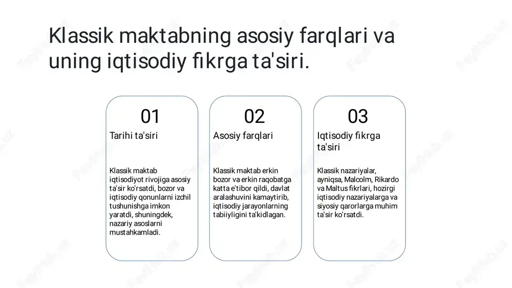 qtisodiy fikrlarning rivojlanishida muhim o‘rin tutadi. maltusning aholining ortishi va oziq-ovqat yetishmovchil igi haqidagi fikrlari, tabiiy resurslarning cheklanganligini ta'kidlaydi. rikardo esa bozor va bozor mexanizmlarining iqtisodiy muvozanatini tushunishda asosiy rol o‘ynadi. ular iqtisodiy rivojlanish va muammolarni tushunishda muhim asos bo‘l ib xizmat 02� muqobil fikrlarning rivojlanishi� maltus va rikardo nazariyalari bilan tanishish, iqtisodiy tafakkurda yangi yondashuvlarni rivojlantirishga yordam berdi. maltusning populyatsiya nazariyasi va rikardonining bozor mexanizmlari, klassik maktabdan tashqaridagi fikrlarga turtki bo‘ldi. bu nazariyalar, iqtisodiy muammolarga turl i xil yondashuvlarni taklif qil ib, zamonaviy iqtisodiy fikrlarga asos bo‘lgan.� 03� muqobil fikrlarning ta'siri� g‘ayri-klassik iqtisodiy nazariyalar, maltus va rikardo fikrlarini kengaytirib, ijtimoiy va iqtisodiy muammolarni yangi nuqtai nazardan baholash imkonini yaratdi. oziq-ovqat resurslari va aholining ortishi muammolari bilan bog‘l iq muqobil yondashuvlar, iqtisodiy va siyosiy qarorlar qabul qil ishda muhim ahamiyat kasb etadi. bu nazariyalar, zamonaviy iqtisodiyotda resurslarni boshqarish va ijtimoiy siyosiy iqtisodiyotda klassik maktabga muqobil tushunchalar va ularning asosiy farqlari.� …