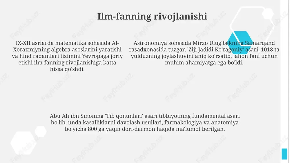 sh uchun eksperimentlar o'tkazdi, bu esa uning aniq o'lchovlarga bo'lgan qobiliyatini va fizika sohasiga qo'shgan hissasini ko'rsatadi. boshqa mashhur olimlar va mutafakkirlar abu nasr farobiy, 9-asrning buyuk mutafakkiri, falsafa, mantiq va musiqa sohalarida muhim asarlar yaratgan, aristotel ta'limotini sharhlagan va ilm-fanning rivojiga katta hissa qo'shgan. mahmud zamahshariy, xii asrda yashab ijod qilgan mashhur tilshunos va adib, arab tilining grammatikasi va leksikografiyasi bo'yicha o'z davrining eng bilimdon olimlaridan biri bo'lgan. mahmud zamahshariy, xii asrda yashab ijod qilgan mashhur tilshunos va adib, arab tilining grammatikasi va leksikografiyasi bo'yicha o'z davrining eng bilimdon olimlaridan biri bo'lgan. o'zbekiston uyg'onish davri olimlarining jahon sivilizatsiyasiga qo'shgan hissasi ibn sinoning (avitsenna) "tib qonunlari" asari 11- asrdan 17-asrgacha yevropa tibbiyotining asosiy qo'llanmasi bo'lib, uning tibbiyotga oid 760 ga yaqin dorivor vositalar ta'rifi muhim ahamiyatga ega. al-xorazmiyning 9-asrda algebra asoslarini yaratishi, xususan, "al-jabr" atamasini kiritishi matematikaga sezilarli hissa qo'shdi va yevropa universitetlarida asrlar davomida o'rganildi. mirzo ulug'bekning 15-asrda samarqand …
