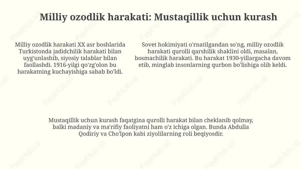 a xalqning oʻzligini anglashiga turtki berib, 12 qadriyatni rivojlantirdi. istiqlol yillaridagi yutuqlar: erishilgan marralar iqtisodiy sohada 1991-yildan keyin xususiylashtirish va bozor islohotlari orqali yangi ish o'rinlari yaratildi hamda yaim hajmi sezilarli darajada o'sdi, inflyatsiya darajasi nazoratga olindi. ta'lim sohasida 12 yillik majburiy ta'lim joriy etildi, oliy o'quv yurtlari soni ortdi, xalqaro universitetlar filiallari ochildi, natijada yoshlarning bilim olish imkoniyatlari kengaydi. ta'lim sohasida 12 yillik majburiy ta'lim joriy etildi, oliy o'quv yurtlari soni ortdi, xalqaro universitetlar filiallari ochildi, natijada yoshlarning bilim olish imkoniyatlari kengaydi. istiqlol yillaridagi muammolar: yechim izlash ijtimoiy sohadagi muammolar, xususan, 2000-yillarda ta'lim va sog'liqni saqlash tizimlaridagi islohotlar yetarli moliyalashtirilmagani sababli sifat pasayishiga olib keldi. istiqlolning dastlabki yillarida iqtisodiy o'tish davri qiyinchiliklari 1990-yillardagi inflyatsiya va ishsizlikni keltirib chiqardi. bu davrda xususiylashtirish siyosati samarali echim bo'la olmadi. 2010-yillarda korruptsiya va byurokratiya hamon dolzarb muammoligicha qoldi. bu holat tadbirkorlik va investitsiya muhitiga salbiy ta'sir ko'rsatib, iqtisodiy o'sishni sekinlashtirdi. mustaqillikning mintaqaviy va …