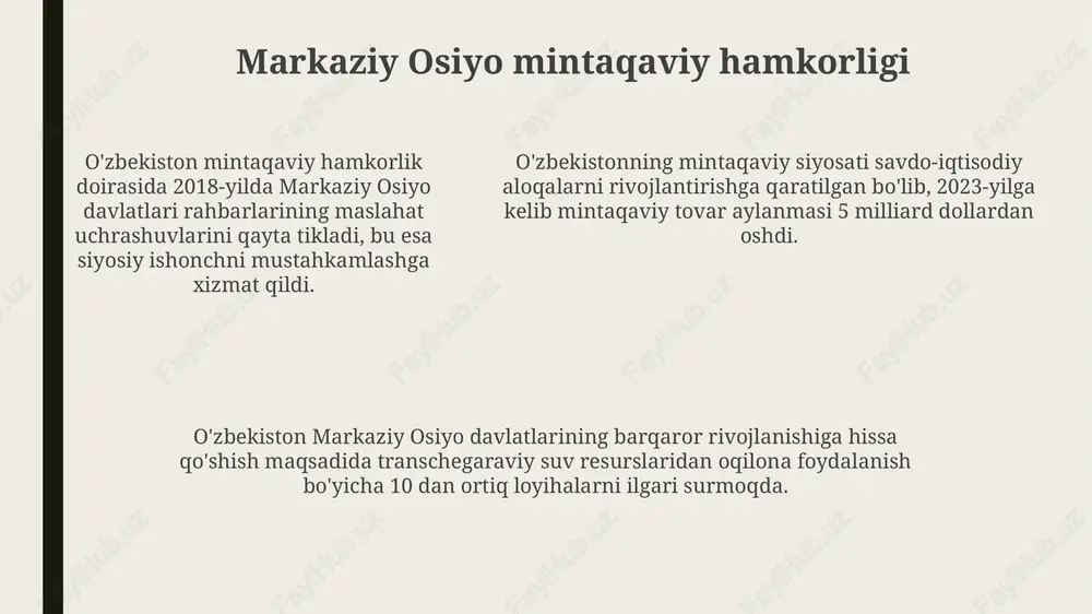 ammolarga duch kelar ekan, barqaror suvdan foydalanish bo'yicha innovatsion yechimlarni qo'llab-quvvatlaydi va mintaqaviy hamkorlikni rivojlantiradi. o'zbekistonning xalqaro imiji o'zbekistonning xalqaro imiji so'nggi yillarda, ayniqsa, 2016-yildan keyin sezilarli darajada yaxshilandi, bu yangi siyosiy va iqtisodiy islohotlar bilan bog'liq. turizm sohasidagi liberalizatsiya, jumladan, 45 dan ortiq davlat fuqarolari uchun vizasiz rejim joriy etilishi o'zbekistonning jozibadorligini oshirdi. o'zbekistonning inson huquqlari bo'yicha olib borayotgan islohotlari va 16 ta xalqaro konventsiyaga qo'shilishi uning imijini yanada mustahkamlamoqda. o'zbekistonning kelajakdagi roli va istiqbollari o'zbekiston 2030 yilga borib iqtisodiyotni diversifikatsiya qilish, sanoatning ulushini 40% ga oshirish va xususiy sektorning rivojlanishi orqali mintaqaviy liderlikni mustahkamlashni rejalashtirmoqda. mamlakatning strategik maqsadi - energetika samaradorligini oshirish, qayta tiklanuvchi energiya manbalarining ulushini 25% ga yetkazish va ekologik barqarorlikni ta'minlashga qaratilgan. mamlakatning strategik maqsadi - energetika samaradorligini oshirish, qayta tiklanuvchi energiya manbalarining ulushini 25% ga yetkazish va ekologik barqarorlikni ta'minlashga qaratilgan. o'zbekiston va bmt o'zbekiston bmtning ko'plab ixtisoslashgan muassasalari, jumladan yunesko, jahon sog'liqni saqlash …