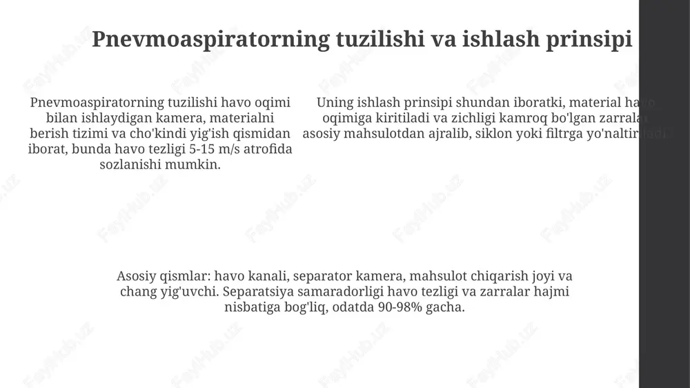 anish qat'iyan man etiladi; yonuvchan changning portlash xavfini nazorat qilish, xavfsizlik zonasini 5 metrdan kam bo'lmagan masofada saqlash kerak. yangi texnologiyalar va innovatsiyalar pnevmoaspiratorlarda aerodinamik separatsiyani optimallashtirish uchun sun'iy intellekt (ai) algoritmlarini qo'llash 15-20% gacha mahsuldorlikni oshirishi mumkin, bu jarayon parametrlarini real vaqt rejimida sozlash imkonini beradi. ko'p bosqichli pnevmatik separatsiyada yangi sensor texnologiyalari, masalan, 3d lazerli skanerlar, zarralar hajmini aniqroq o'lchash orqali 10% gacha chiqindilarni kamaytiradi va tozalik darajasini oshiradi. ko'p bosqichli pnevmatik separatsiyada yangi sensor texnologiyalari, masalan, 3d lazerli skanerlar, zarralar hajmini aniqroq o'lchash orqali 10% gacha chiqindilarni kamaytiradi va tozalik darajasini oshiradi. amaliy misollar va tadqiqotlar o'simlik urug'larini qayta ishlashda pnevmoaspiratorlardan foydalanish urug'lik tozaligini 98% dan ortiq ta'minlaydi, bunda havoning optimal tezligi 10-12 m/s bo'lishi kerak. paxta tozalash zavodlarida o'tkazilgan tadqiqotlar shuni ko'rsatdiki, pnevmoaspiratorlarning samaradorligi tolaning namligi 8% dan oshganda 15-20% ga kamayadi. donni qayta ishlash korxonalarida o'tkazilgan amaliy sinovlar shuni ko'rsatdiki, havo separatorlari aralashmalarni 95% gacha …
