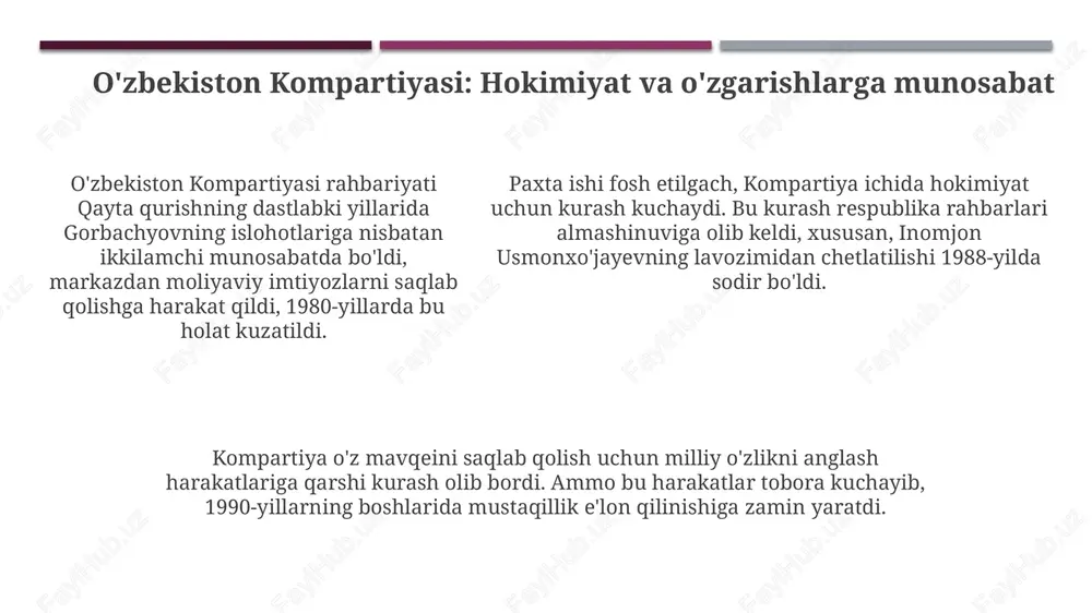 psiyaning iqtisodiy ko‘lamini ko‘rsatdi. paxta ishi tergovi natijasida ko‘plab odamlarga qamoq jazosi berildi, ba’zilari otib tashlandi, bu jazo choralari o‘zbekiston jamiyatida uzoq muddatli siyosiy va ijtimoiy oqibatlarga olib keldi. jazo choralari: aybdorlarga nisbatan qo'llanilgan jazolar paxta ishi doirasida ko'plab mansabdor shaxslar, jumladan, partiya a'zolari, katta muddatlarga qamalib, mol-mulki musodara qilindi. ba'zi hollarda o'lim jazosi ham qo'llanilgan. o'zbekiston kompartiyasi rahbarlari, xususan, inomjon usmonxo'jayev kabi shaxslar lavozimidan chetlatilib, partiyadan chiqarildi va sud hukmlari bilan qamoq jazosiga mahkum etildi. o'zbekiston kompartiyasi rahbarlari, xususan, inomjon usmonxo'jayev kabi shaxslar lavozimidan chetlatilib, partiyadan chiqarildi va sud hukmlari bilan qamoq jazosiga mahkum etildi. paxta ishi oqibatlari: ijtimoiy, siyosiy va iqtisodiy ta'sirlar paxta yakkahokimligi tufayli respublika iqtisodiyoti bir yo‘nalishli bo‘lib qoldi. bu holat qishloq xo‘jaligining boshqa sohalarini rivojlantirish imkoniyatini cheklab, iqtisodiy qaramlikni kuchaytirdi. “paxta ishi” o‘zbekiston kompartiyasining obro‘sizlanishiga olib keldi. bu siyosiy inqiroz 1980-yillarning oxirida mustaqillik harakatlarining kuchayishiga sezilarli ta’sir ko‘rsatdi. paxta ishi tergovi ko‘plab begunoh odamlarning qatag‘on …