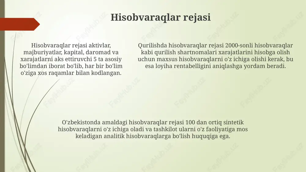 itish va ularning ishlari uchun to'lovlarni nazorat qilish muhim ahamiyatga ega. shartnoma hisobi shartnoma hisobi qurilish tashkilotlari uchun muhim bo'lib, 2-sonli bhms "qurilish pudratlari"ga muvofiq, daromadni to'liq yoki bosqichma-bosqich tan olishni o'z ichiga oladi. shartnoma hisobida yakunlangan ish hajmi foizini aniqlash, xarajatlarni hisoblash va daromadni loyiha davomida taqsimlash uchun turli usullar qo'llaniladi (masalan, kirimlilik darajasi). shartnoma hisobida yakunlangan ish hajmi foizini aniqlash, xarajatlarni hisoblash va daromadni loyiha davomida taqsimlash uchun turli usullar qo'llaniladi (masalan, kirimlilik darajasi). subpudratchi hisobi shartnoma shartlariga muvofiq subpudratchilar bilan hisob-kitoblar odatda 60 kun ichida amalga oshiriladi, bu esa 4310 hisobida materiallarni hisobga olish bilan bog'liq bo'lishi mumkin. subpudratchi hisobi qurilish tashkilotining asosiy xarajatlarini (masalan, 0110 asosiy vositalar hisobi) kamaytirishga yordam beradi, shuningdek, hisob-kitoblar 6710 (qarzlar) va 6810 (majburiyatlar) orqali amalga oshiriladi. subpudratchi xizmatlari (masalan, 2010 - asosiy ishlab chiqarish) uchun xarajatlar smetasida nazarda tutilgan mablag'lar 9030 (sotilgan mahsulot tannarxi) va 9110 (davr xarajatlari) hisoblarida aks ettiriladi. …