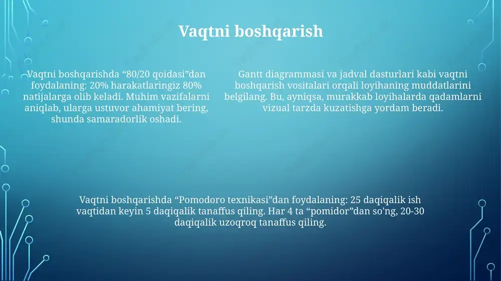 iqishga imkon beradi, agar yetkazib beruvchi 30 kun ichida resurs yetkazib bera olmasa, muqobil yechim topadi. zaxira rejalashtirish zaxira rejalashtirish loyihaning kutilmagan muammolarini hal qilish uchun 10-20% qo'shimcha byudjet va vaqt ajratishni o'z ichiga oladi, bu esa muvaffaqiyat ehtimolini oshiradi. zaxira rejalashtirishda kutilayotgan xarajatlarni qoplash uchun resurslarning 5-15% zaxira fondi yaratiladi, bu esa loyihani moliyaviy barqarorlashtiradi va buzilishlardan himoya qiladi. zaxira rejalashtirishda kutilayotgan xarajatlarni qoplash uchun resurslarning 5-15% zaxira fondi yaratiladi, bu esa loyihani moliyaviy barqarorlashtiradi va buzilishlardan himoya qiladi. sifatni boshqarish sifat nazorati 6 sigma metodologiyasi kabi vositalardan foydalanib, jarayonlar samaradorligini doimiy ravishda o'lchash va baholashni o'z ichiga oladi, kamida 99,99966% aniqlik darajasiga erishish uchun. sifatni boshqarish loyiha maqsadlariga erishish uchun iso 9001 standartlariga muvofiq sifat siyosati, maqsadlari va jarayonlarini o'rnatadi, bu esa 100% moslikni ta'minlaydi. doimiy takomillashtirish sikli (pdca) sifatni boshqarishning asosiy qismidir, bu esa 5 qadamli jarayon orqali xatolarni kamaytirish va mahsulot yoki xizmat sifatini oshirishga qaratilgan. …