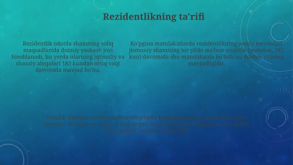 orxonalar misol uchun, kompaniya a, rezidentligi o'zbekistonda bo'lgan holda, qozog'istonda faoliyat yuritib, 1 million aqsh dollari daromad oladi. qaysi davlat soliq olish huquqiga ega? transmilliy korporatsiya b irlandiyada ro'yxatdan o'tgan, ammo germaniyada katta ishlab chiqarish quvvatiga ega. soliq bazasi va soliq stavkalari qanday aniqlanadi? google kabi raqamli kompaniyalar irlandiyada past soliq stavkalaridan foydalanadi, lekin butun dunyo bo'ylab foyda oladi. soliq solish qoidalari ushbu holatga qanday moslashadi? amaliy misollar: jismoniy shaxslar misol uchun, o'zbekiston rezidenti bo'lgan jismoniy shaxs germaniyada 10,000 yevro miqdorida dividendlar oladi; o'zbekiston rezidentlik tamoyili bo'yicha bu daromaddan soliq oladi. xorijda ishlaydigan o'zbekiston fuqarosi 50,000 aqsh dollari miqdorida daromad oladi; manba davlati (masalan, aqsh) bu daromaddan soliq olishi mumkin, keyin rezidentlik davlati soliq to'lashni talab qiladi. xorijda ishlaydigan o'zbekiston fuqarosi 50,000 aqsh dollari miqdorida daromad oladi; manba davlati (masalan, aqsh) bu daromaddan soliq olishi mumkin, keyin rezidentlik davlati soliq to'lashni talab qiladi. soliq siyosatiga ta'siri manbaga asoslangan soliq siyosati …