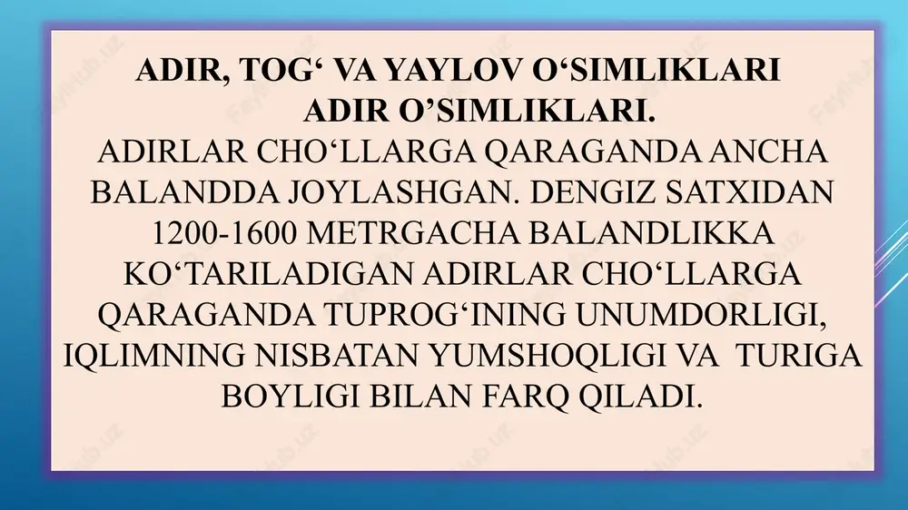 mmiak va element holidagi tuproq bakteriyalari ta’sirida azot saqlovchi organik moddalar va ammiak asta-sekin nitrat kislota tuzlariga aylanadi, undan yuksak o’simliklar mineral oziqlanadi. /docprops/thumbnail.jpeg